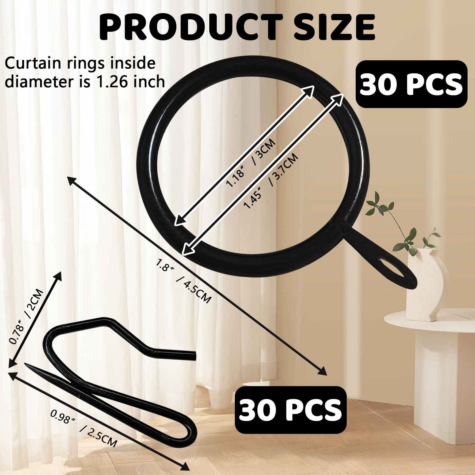 30 Pack Black Metal Pinch Pleat Curtain Hooks & Rings Set for Drapes - Heavy Duty Curtain Hangers for Pinch Pleat Drapes, Sheers & Valances - Perfect for Living Room, Bedroom & Window Decor