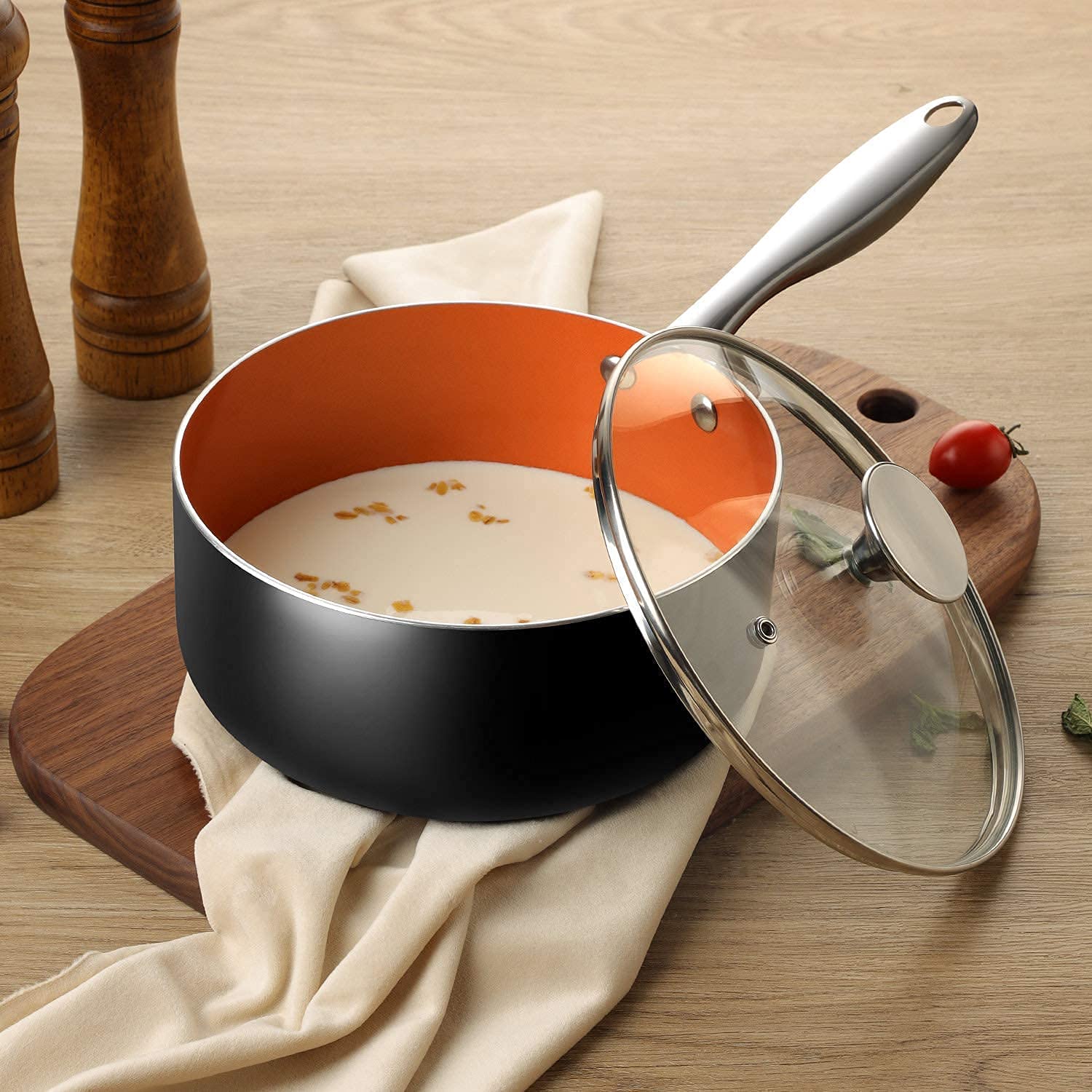 MICHELANGELO Nonstick Saucepan Set with Lid - 1Qt, 2Qt & 3Qt Copper Ceramic Cookware Pots - Perfect for Boiling, Simmering & Sauce Making in Modern Kitchens