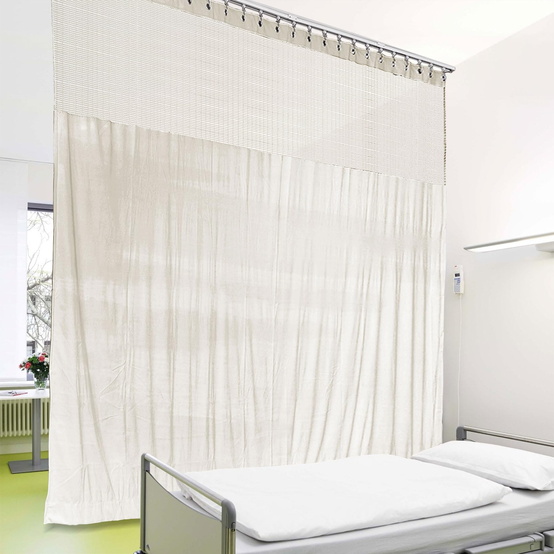 Cololeaf 10ft Wide x 8.5ft Tall Nickel Grommet Medical Privacy Curtain - Flexible Hospital & Clinic Curtain for High Ceilings, Lab & Curved Rooms - White & Customizable - Perfect for Healthcare Facilities, Exam Rooms & Patient Privacy Areas