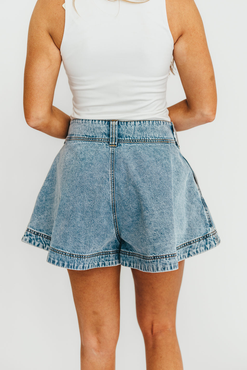 Helena Washed Denim Skort for Women - High Waisted Stretch Denim Skirt with Shorts - Perfect for Casual Outings, Summer Fashion & Street Style
