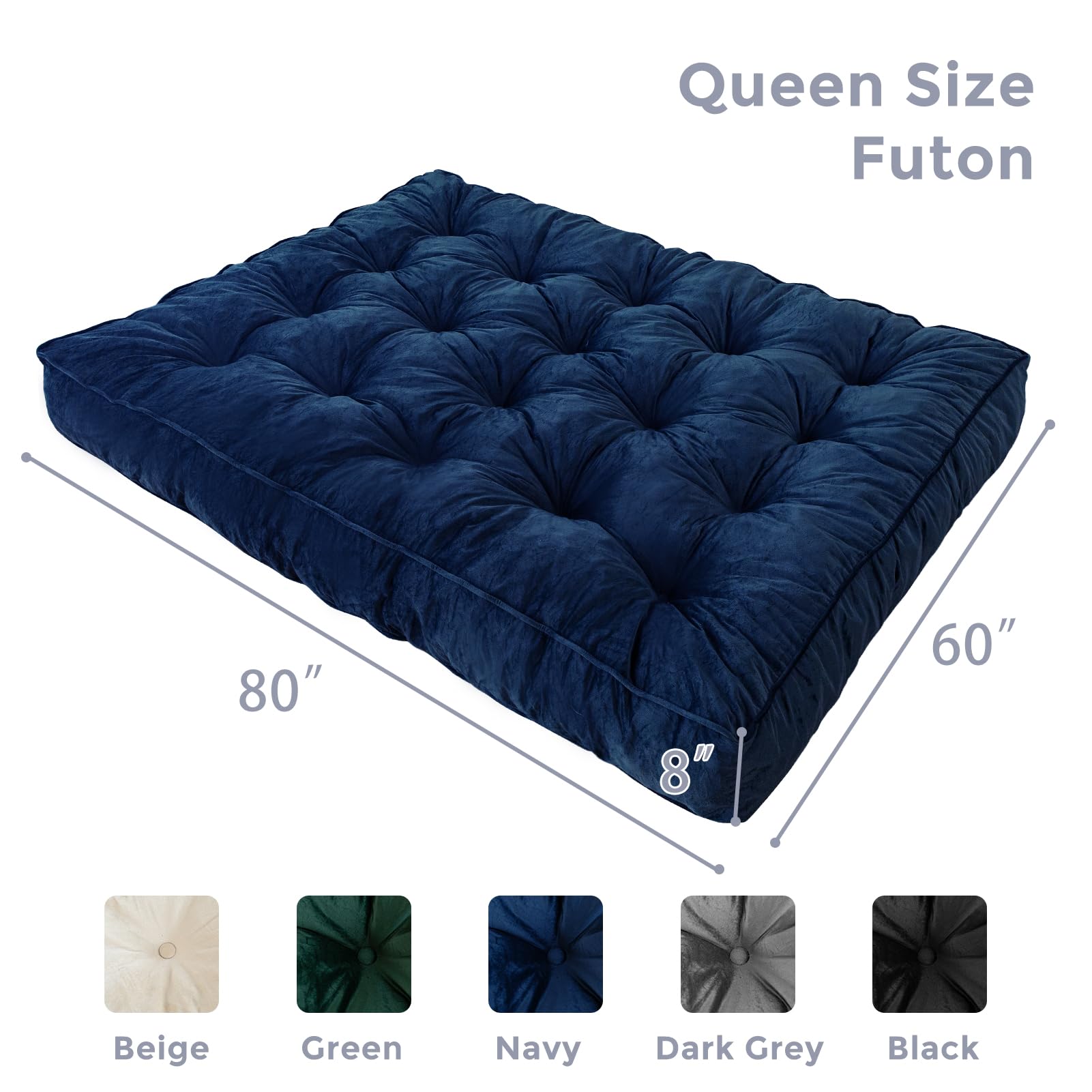 MAXYOYO 8-Inch Thick Velvet Tufted Futon Mattress for Sofa Bed - Navy Blue Comfortable Foldable Couch Bed Replacement for Adults (Mattress Only) - Perfect for Small Spaces, Guest Rooms & Dorm Rooms