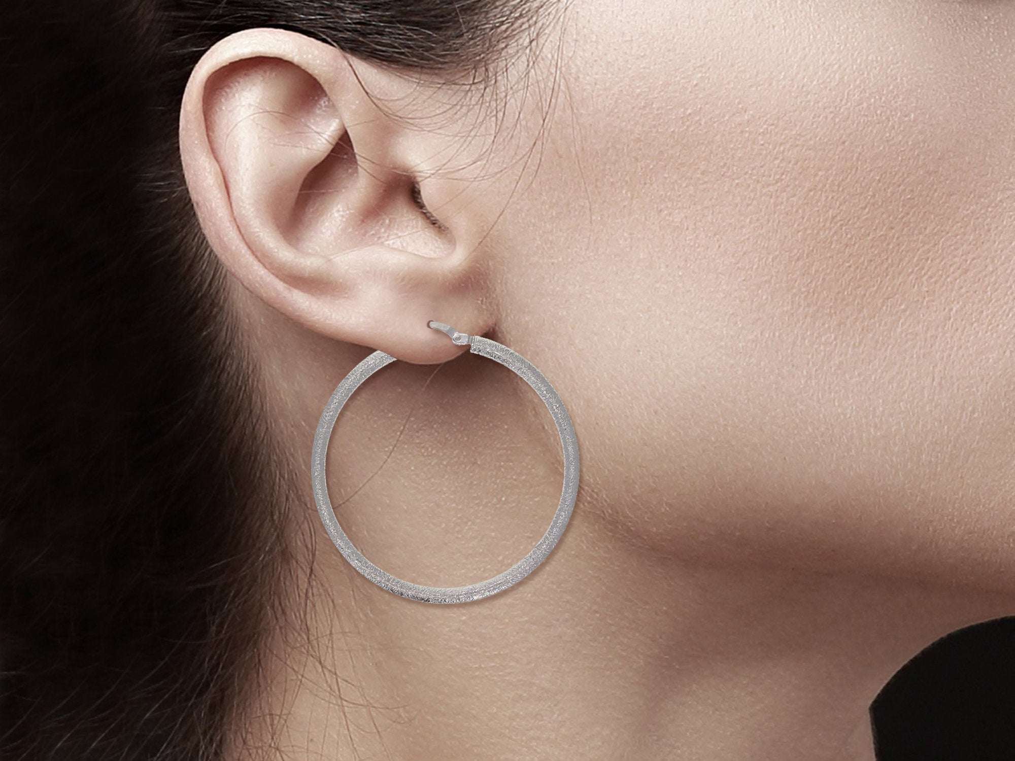 14K White Gold Sand Textured Hoop Earrings - 34mm & 40mm Size Options - Perfect for Everyday Wear, Date Nights & Special Occasions