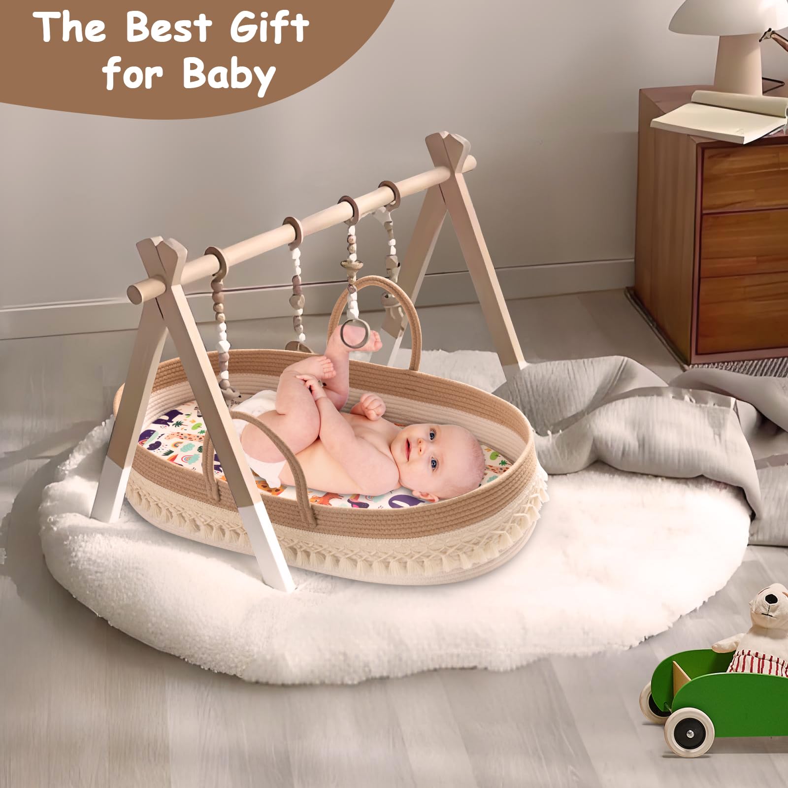Boho Baby Changing Basket with Diaper Caddy & Waterproof Changing Pad - Newborn Moses Basket for Nursery Dresser, Portable Diaper Organizer with Sponge Cushion & Storage Bag - Perfect for Baby Showers, Nursery Decor & On-the-Go Diaper Changes