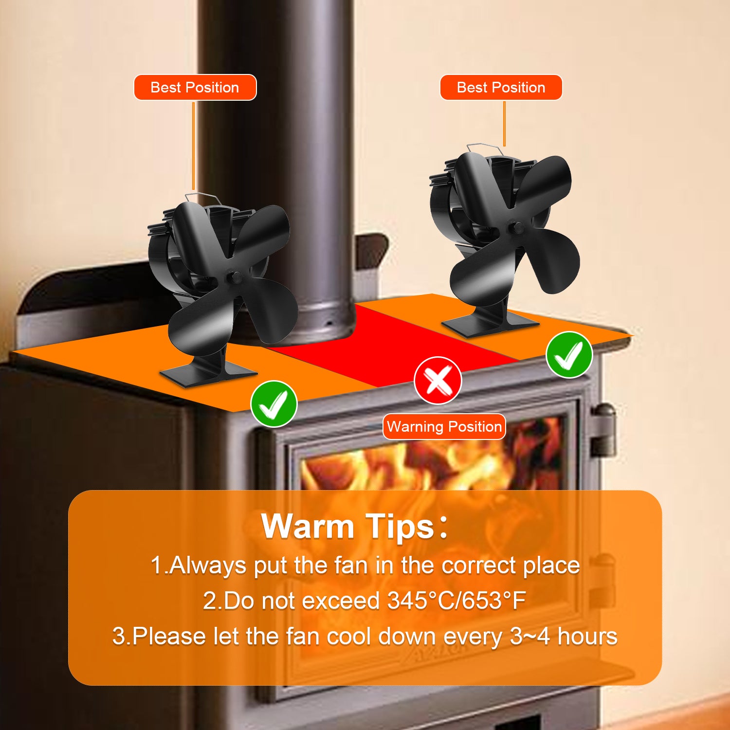 Efficient Air Flow Wood Burning Stove Fan with Magnetic Thermometer - Eco-Friendly Heat Circulation for Fireplace, Cabin, and Camping Use