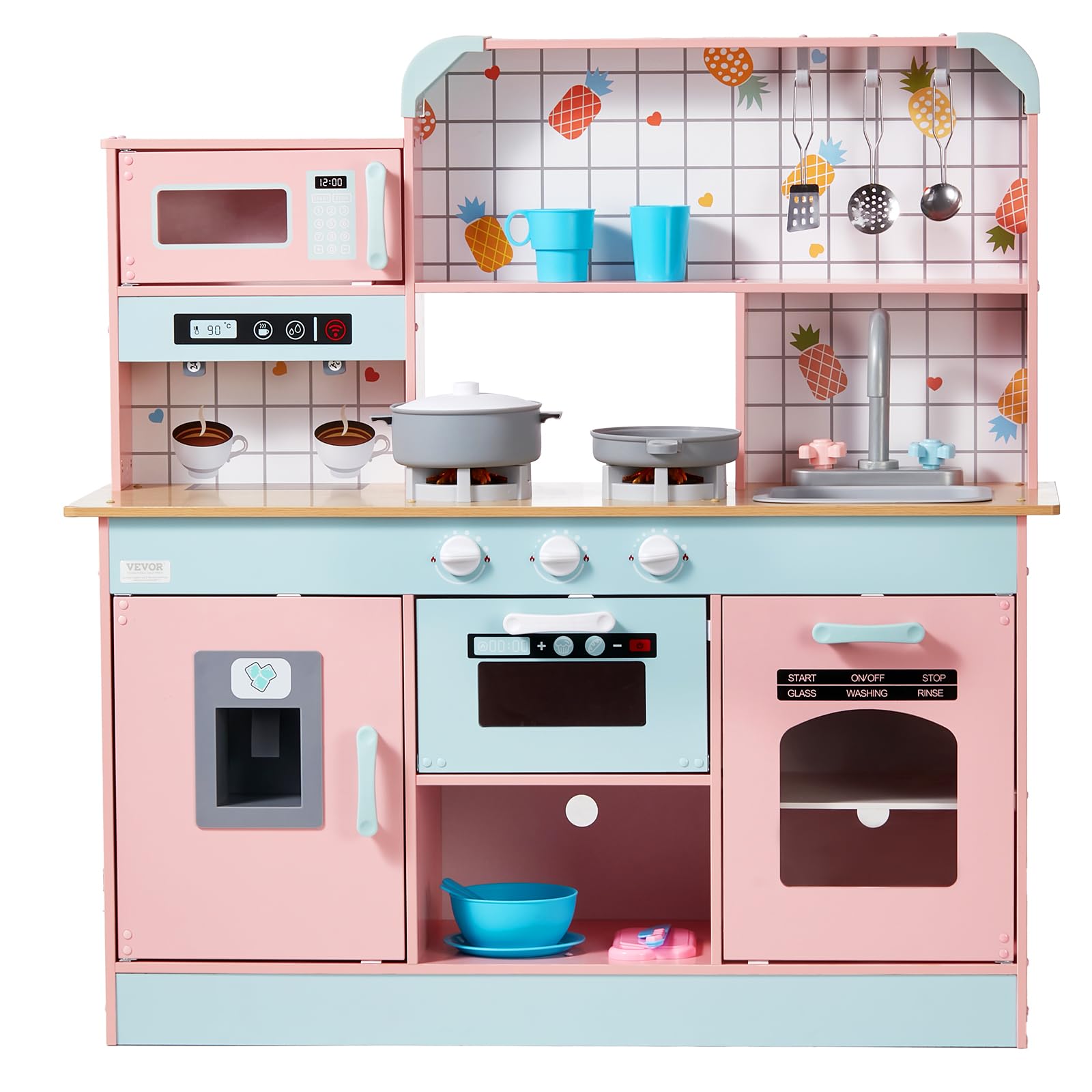 VEVOR Wooden Play Kitchen Toy for Kids Ages 3-8 - Interactive Pretend Play Set with Lights, Sounds, Ice Maker, Oven, Sink, Microwave & Fridge - Includes Utensils & Fruit Accessories - Perfect for Imaginative Play, Role-Playing & Early Learning (Pink)