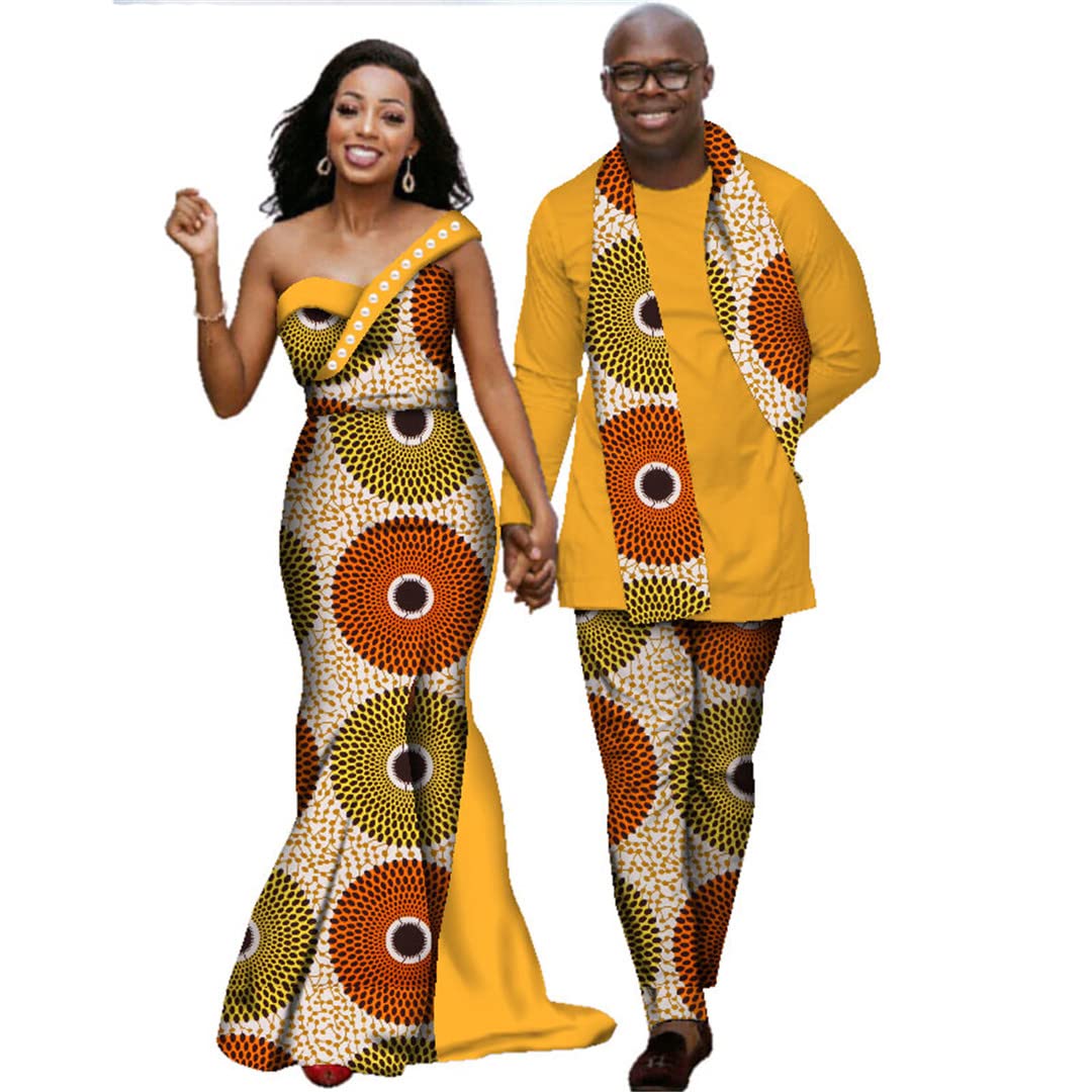 African Print Dresses for Women & Men - Matching Couple Outfits, Long Sleeve Shirt and Pants Sets, XXL Size 24FS1329 | Perfect for Weddings, Parties and Cultural Events