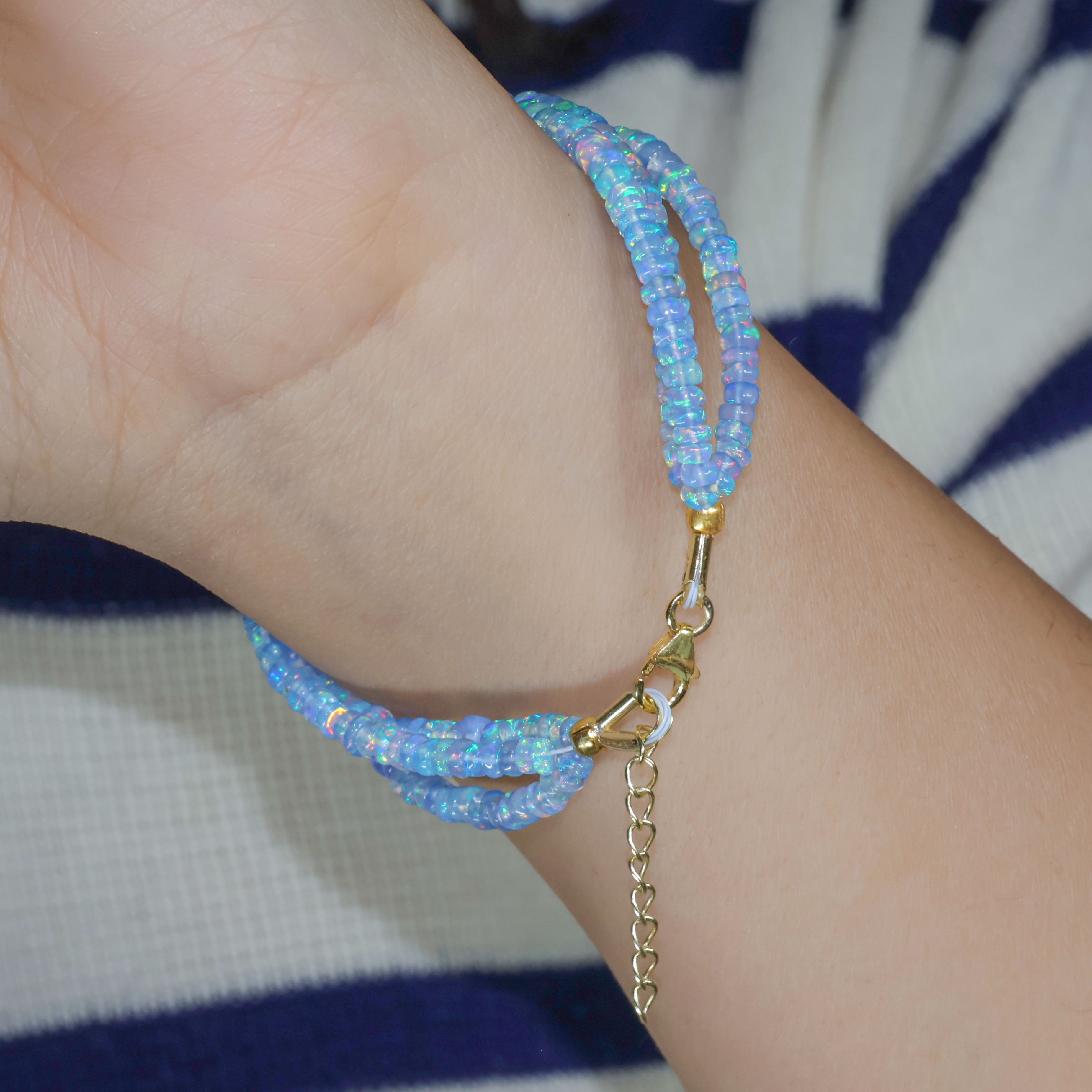 Natural Blue Opal 3 Strand Plain Beaded Bracelet for Women - Handmade Boho Chic Jewelry - Perfect for Yoga, Meditation & Spiritual Healing