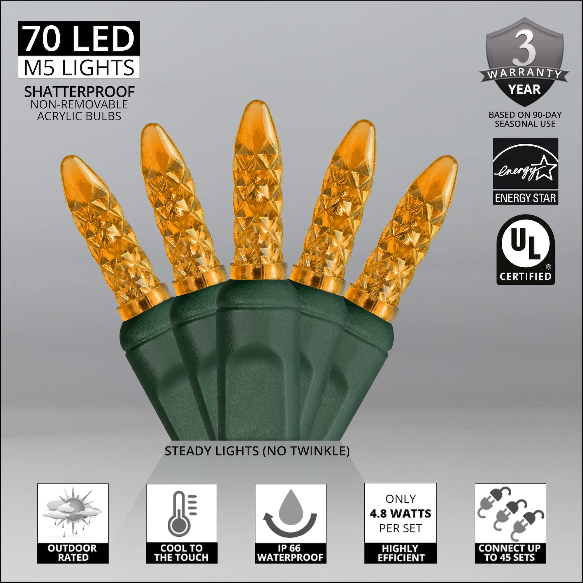 70 M5 Amber LED Christmas Lights with Green Wire - 4