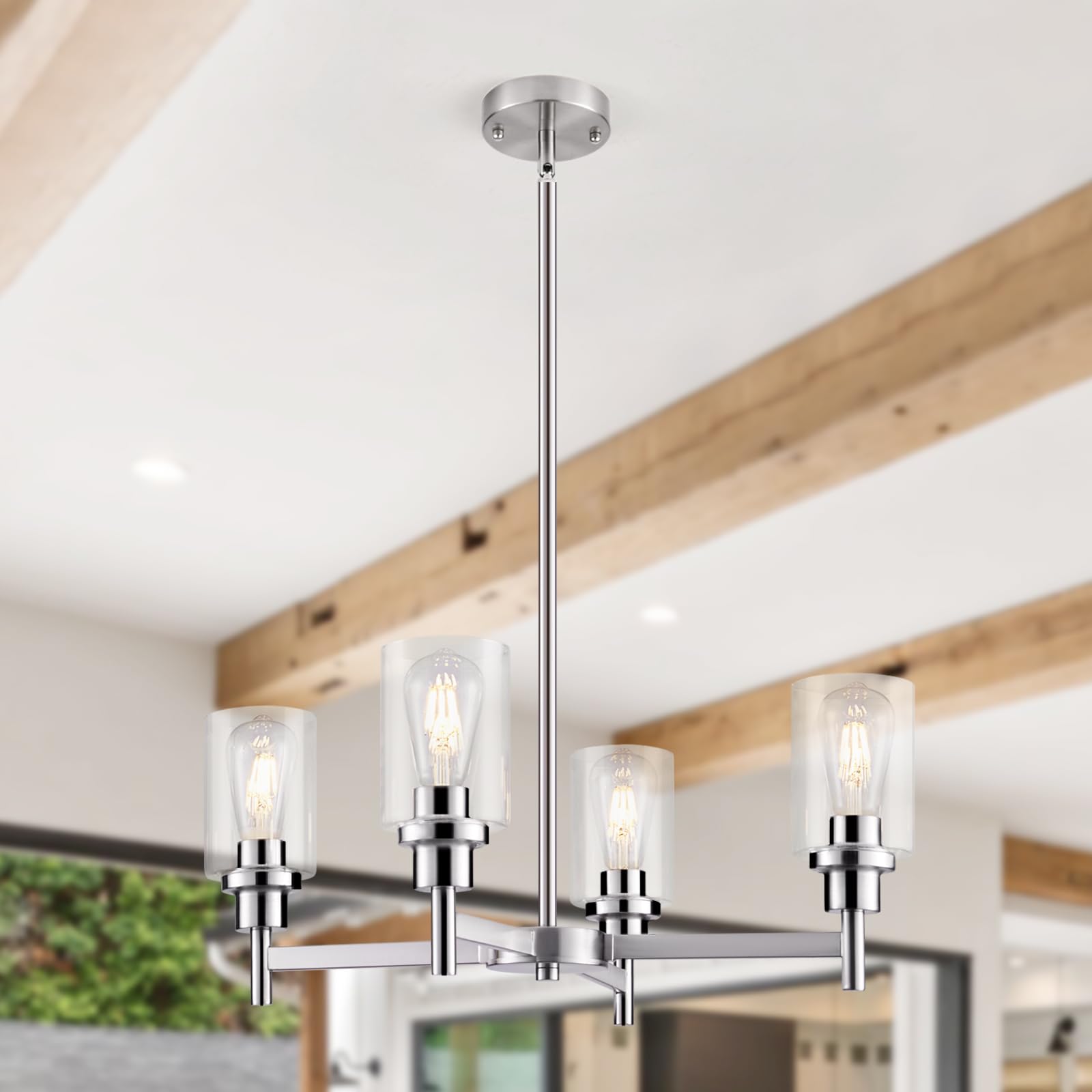 4-Light Brushed Nickel Chandelier - Modern Farmhouse Pendant Ceiling Light with Glass Shade for Dining Room, Kitchen Island, Foyer & Hallway | Elegant Lighting Fixture for Home Decor & Interior Design
