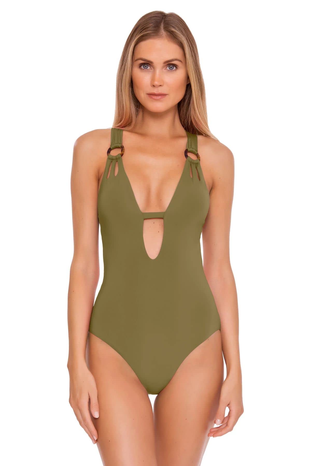 BECCA by Rebecca Virtue Color Code Skylar Plunge One-Piece Swimsuit - Sexy High Cut Bathing Suit for Women, Perfect for Beach Vacations & Pool Parties