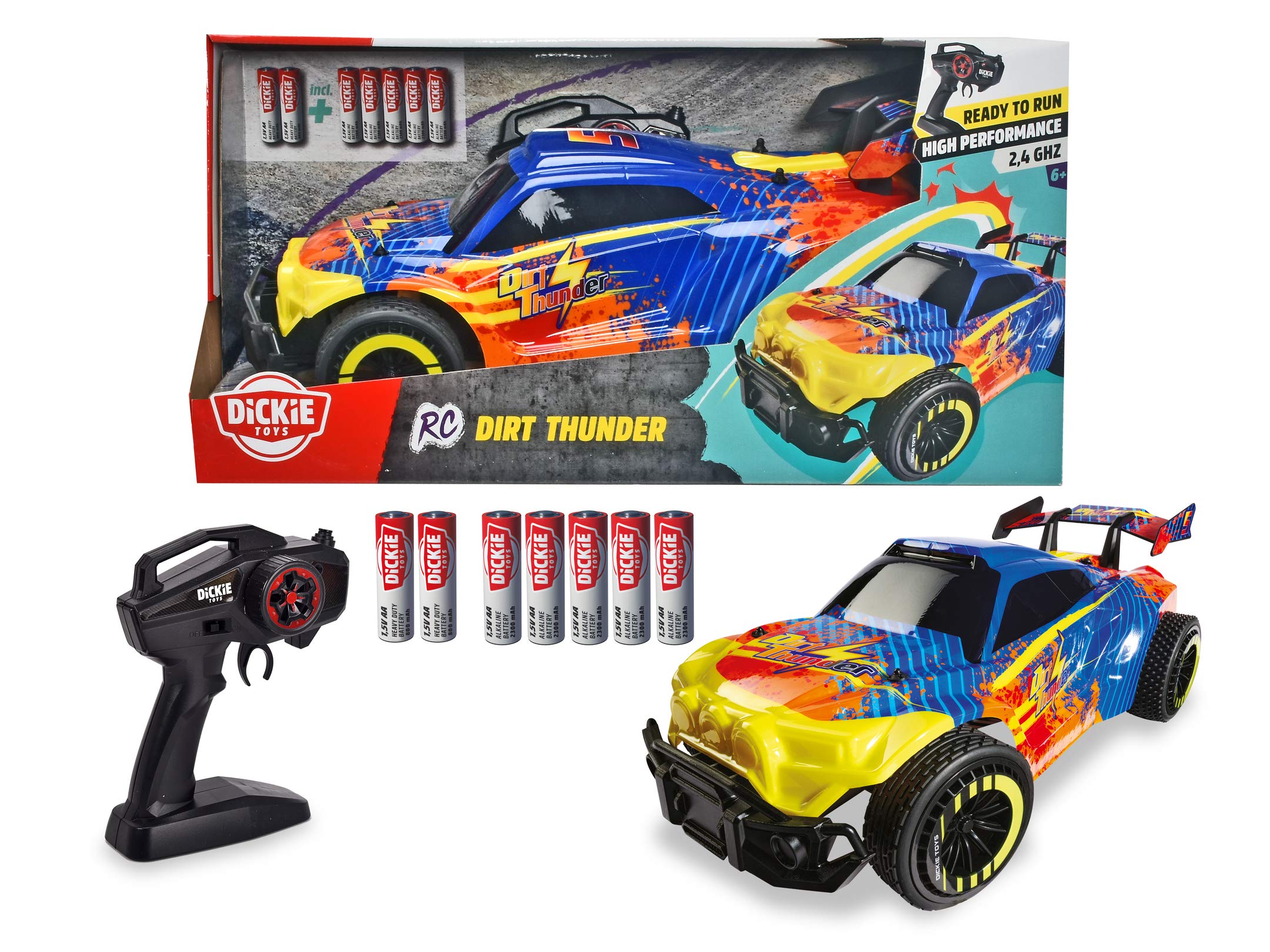 Dickie Toys RC Dirt Thunder Remote Control Truck - Ready to Run (RTR) Off-Road Vehicle for Kids, 1:16 Scale with 2.4GHz Radio, Multi-Color - Perfect for Outdoor Play, Backyard Racing & Birthday Gifts