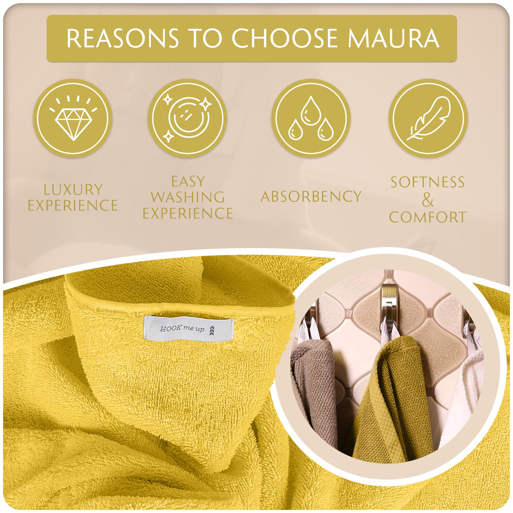 MAURA 6-Piece Bath Towel Set - 2 Bath Towels, 2 Hand Towels & 2 Washcloths | Soft, Absorbent & Durable Cotton Towels with Hanging Loops | Perfect for Bathroom, Spa, Gym & Beach (Yellow)