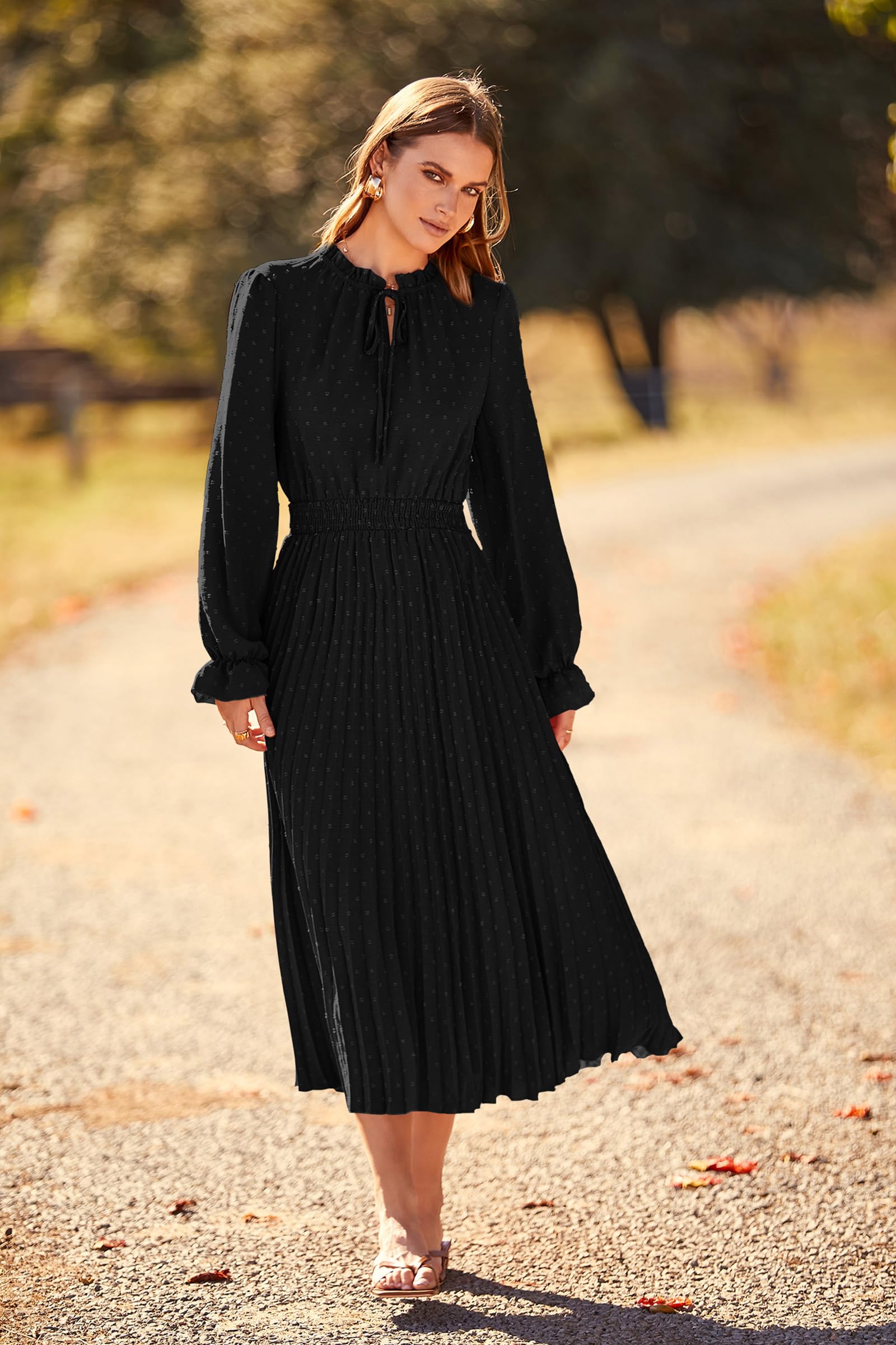 PRETTYGARDEN Women's Swiss Dot Pleated Midi Dress - Long Sleeve V-Neck A-Line Flowy Casual Dress for Spring Fall 2025 | Perfect for Office, Date Night & Special Occasions