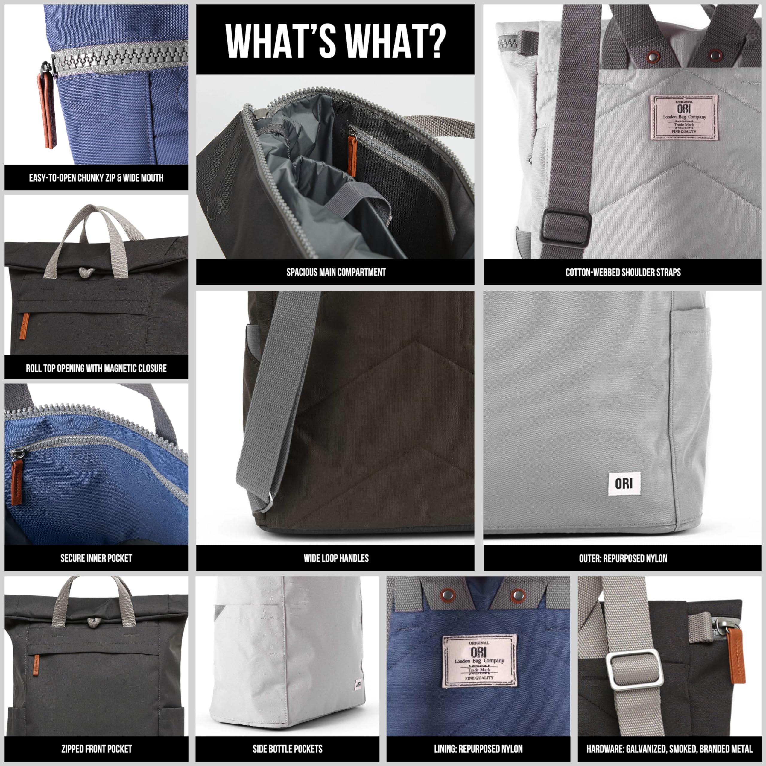 ORI LONDON Travel Backpack - Nylon Rolltop Backpack for Men & Women with Magnetic Closure - Perfect for Commuting & Travel