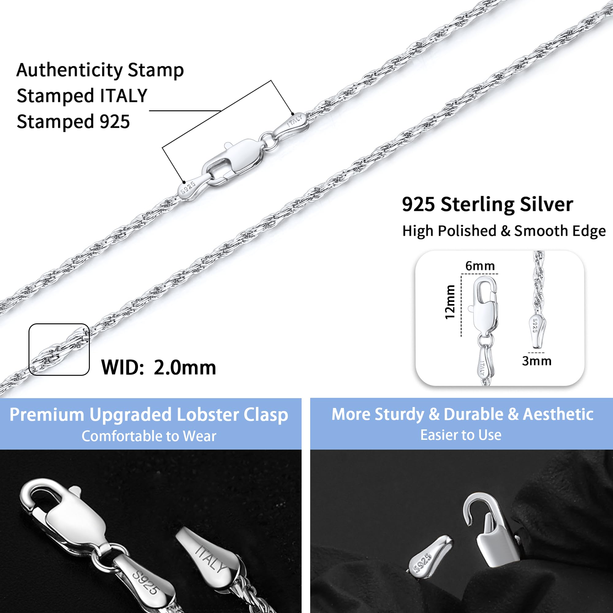 Jewlpire Italian 2mm Rope Chain Necklace - 925 Sterling Silver & 14K Gold Plated - Unisex Jewelry for Men & Women (16-26 Inch) - Perfect for Layering, Gifts & Everyday Wear