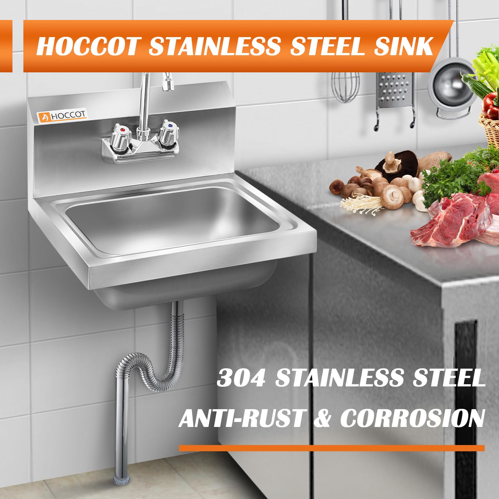 Premium 304 Stainless Steel Wall Mount Commercial Sink - Heavy Duty Restaurant Hand Washing Sink with Backsplash - 17