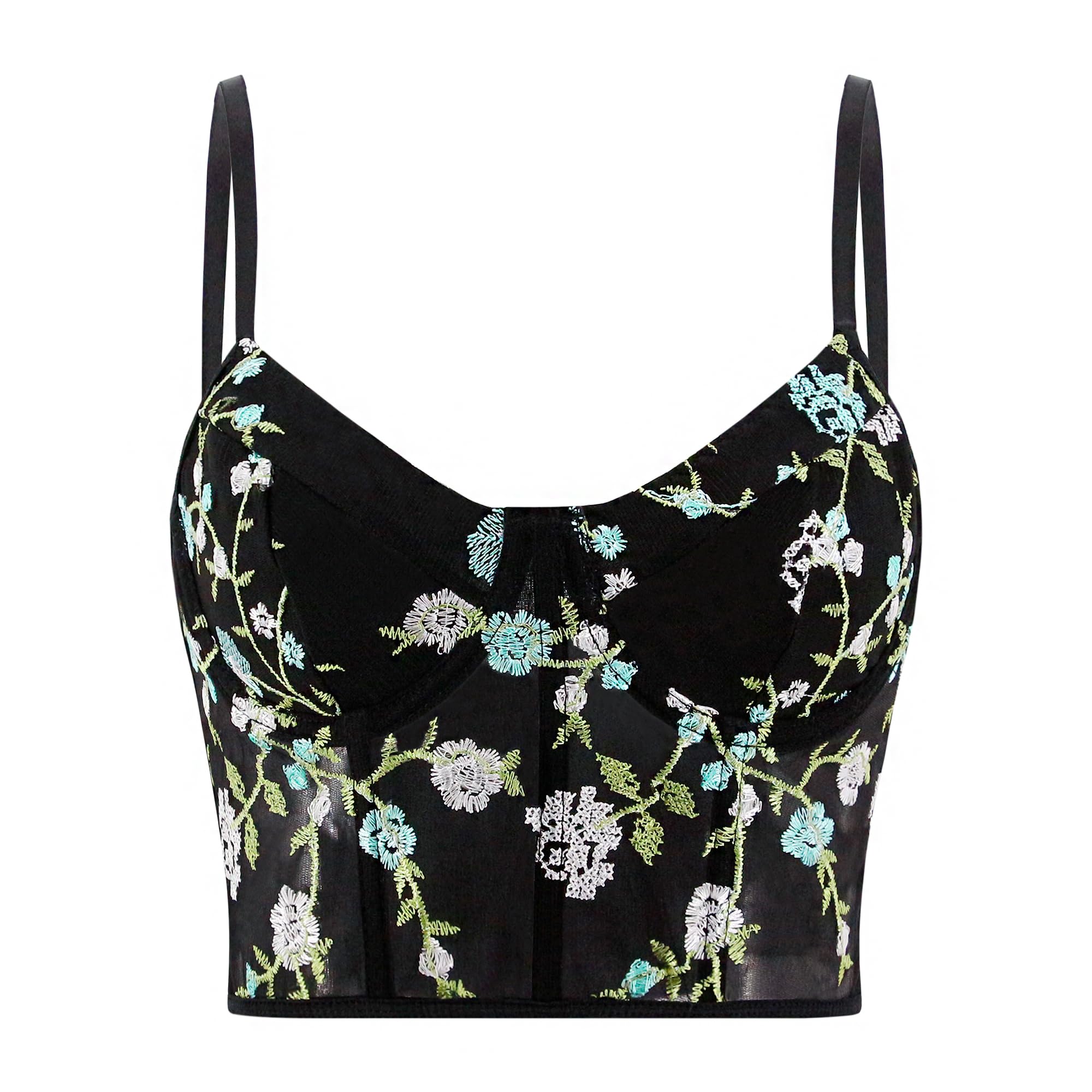 Floral Embroidery Corset Crop Top for Women - Sheer Mesh Bustier with Push Up, Fashion Slim Tank Top for Party, Date Night & Summer Outfits