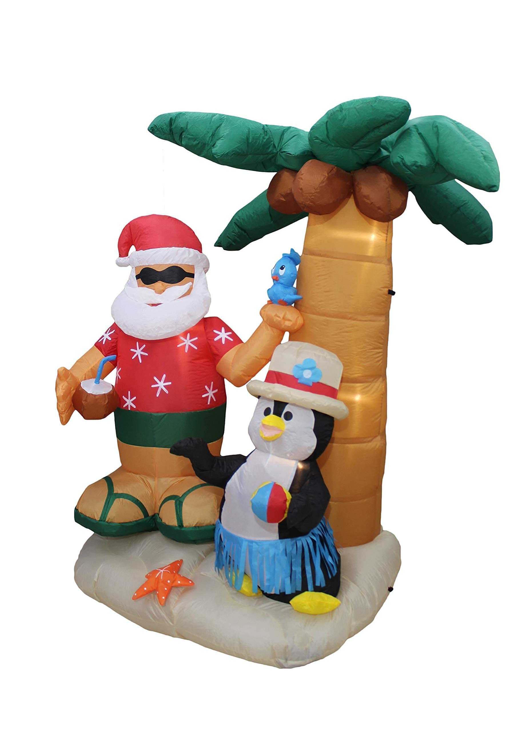7ft Inflatable Santa Claus & Penguin Island with Palm Tree + 8ft Inflatable Santa Fishing Boat with Lights - Christmas Party Decorations Bundle for Outdoor Yard, Lawn, and Holiday Festive Decor