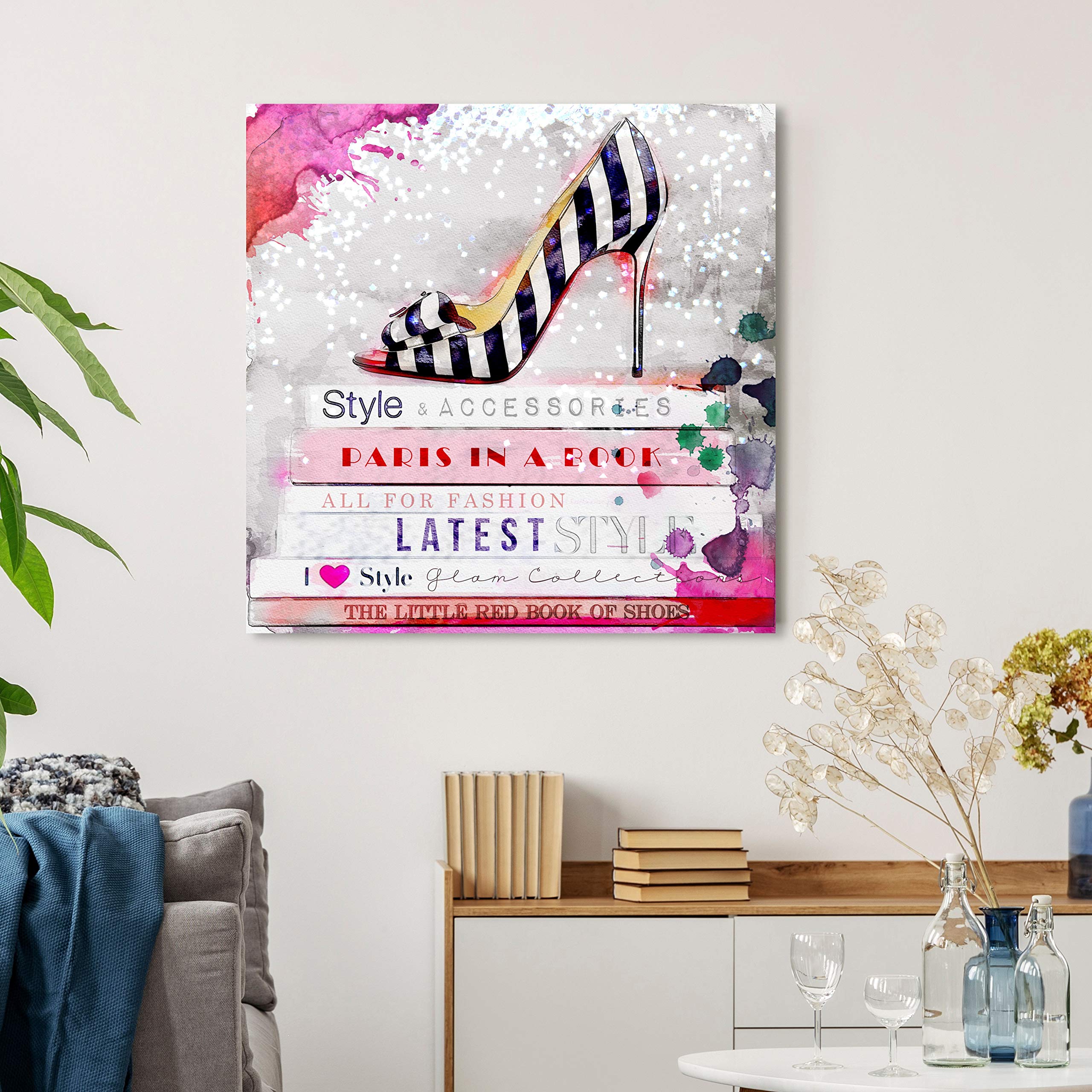 Oliver Gal Artist Co. Striped Shoe and Books Canvas Wall Art Print - 24x24 Inch Pink & White Fashion Décor for Living Room, Bedroom, Office