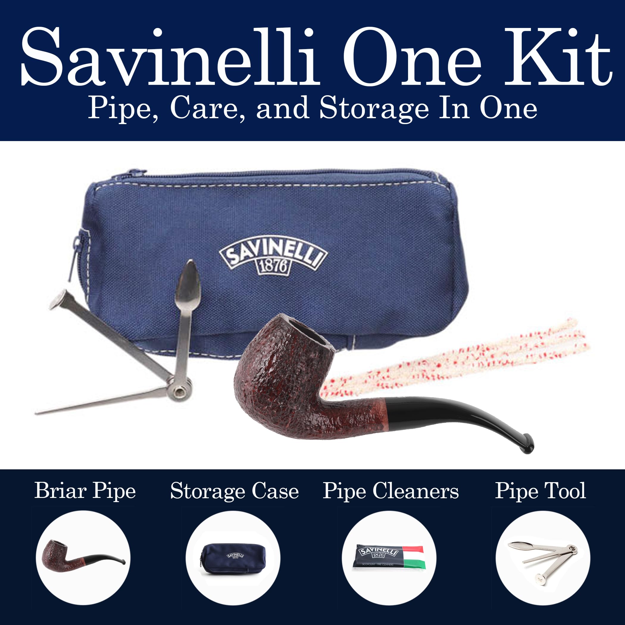 Savinelli One Kit - Handmade Italian Briar Wood Pipe with Blue Zipper Pouch, Pipe Cleaners & Czech Tool | 6mm Bent Billiard Rusticated Finish (601) | Perfect for Relaxing, Gifts & Tobacco Enthusiasts