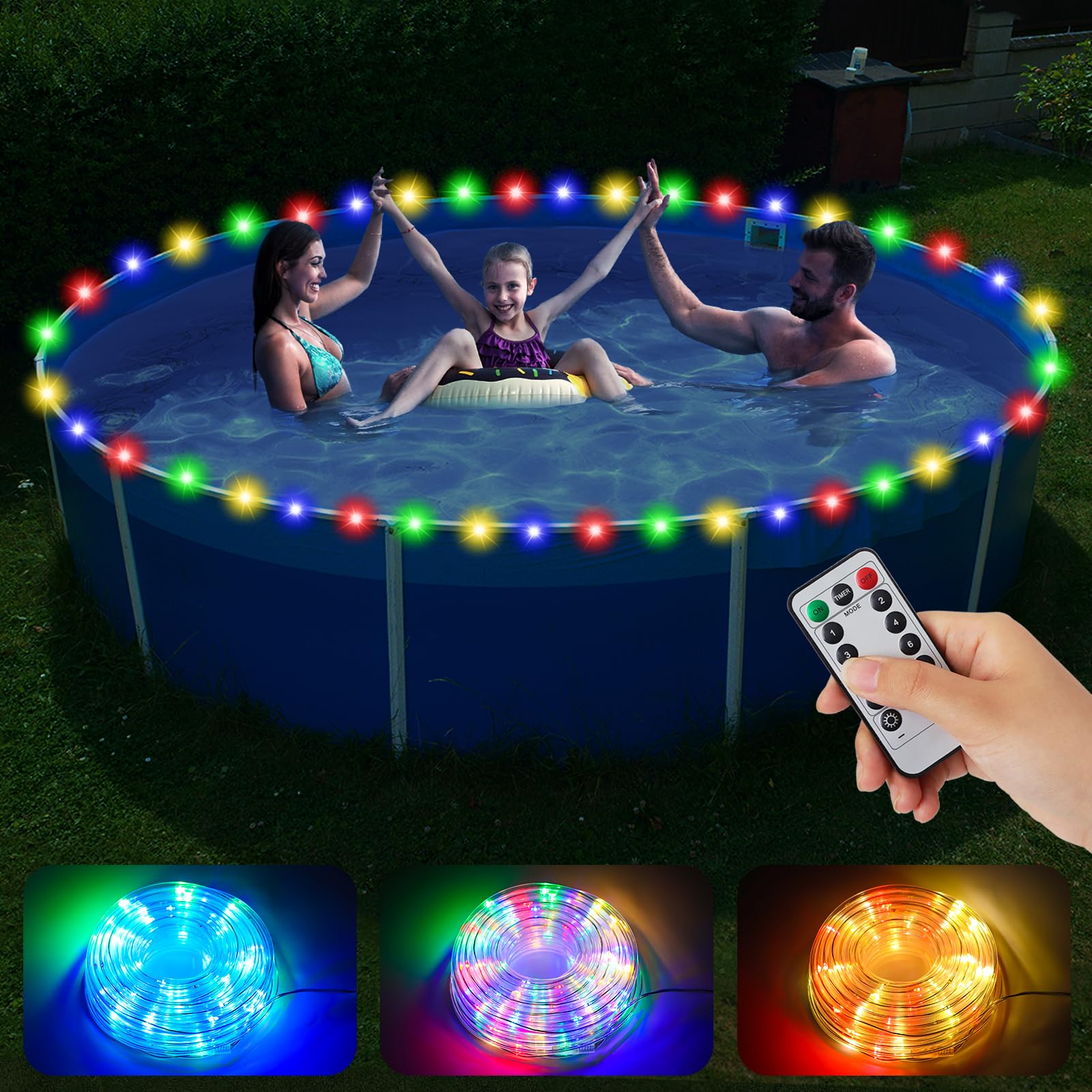 56 ft Waterproof LED Pool Lights for Above Ground Pools - Remote Control Submersible Rope Lights with 8 Color Changing Modes | Perfect for 14 ft Frame Pools, Backyard Decor & Nighttime Swimming Parties