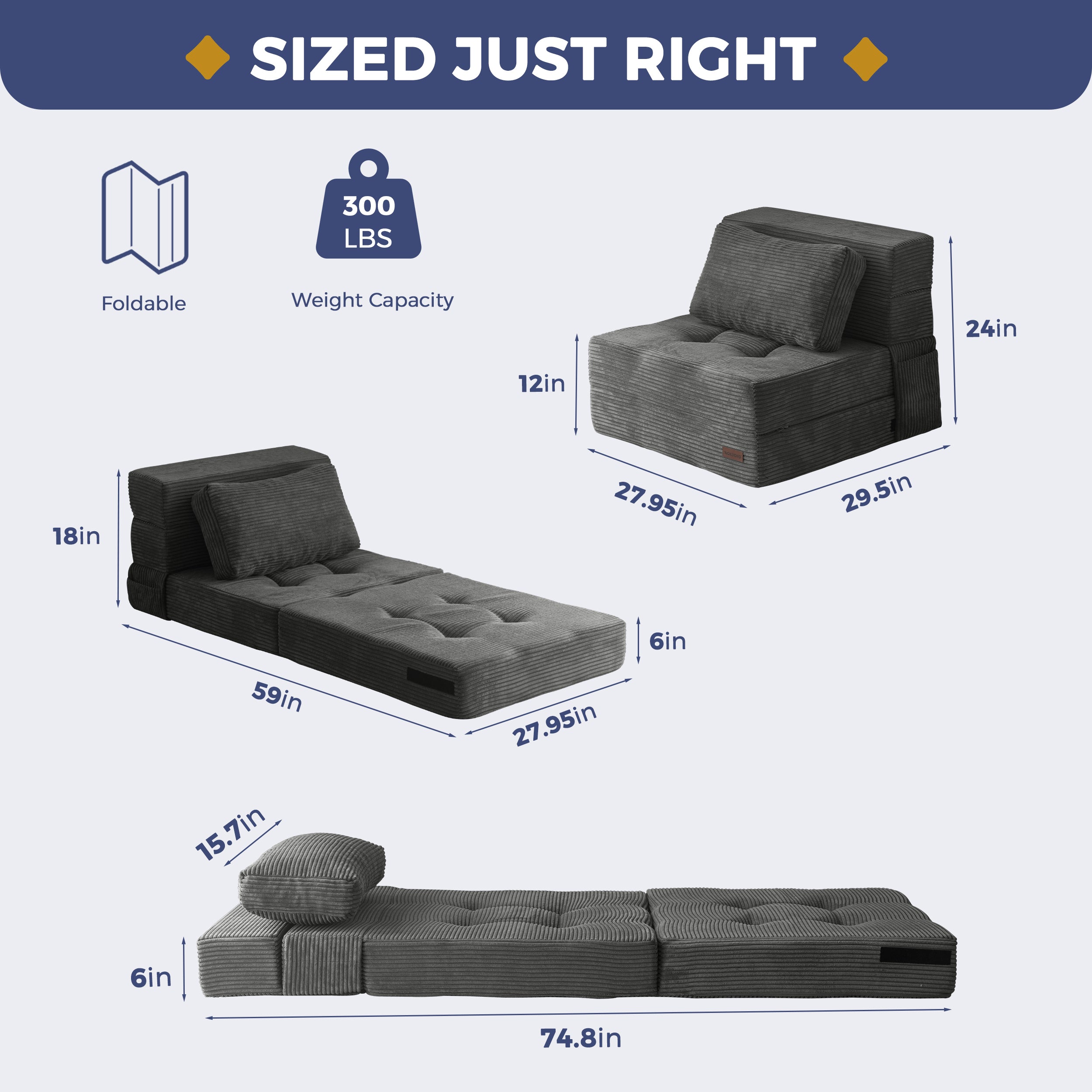 MAXYOYO 3-in-1 Convertible Sofa Bed - Foldable Single Sleeper Sofa with Pillow, Foam Floor Couch & Lazy Chair for Living Room, Bedroom or Guest Room (Dark Grey) | Perfect for Small Spaces, Overnight Guests & Cozy Lounging