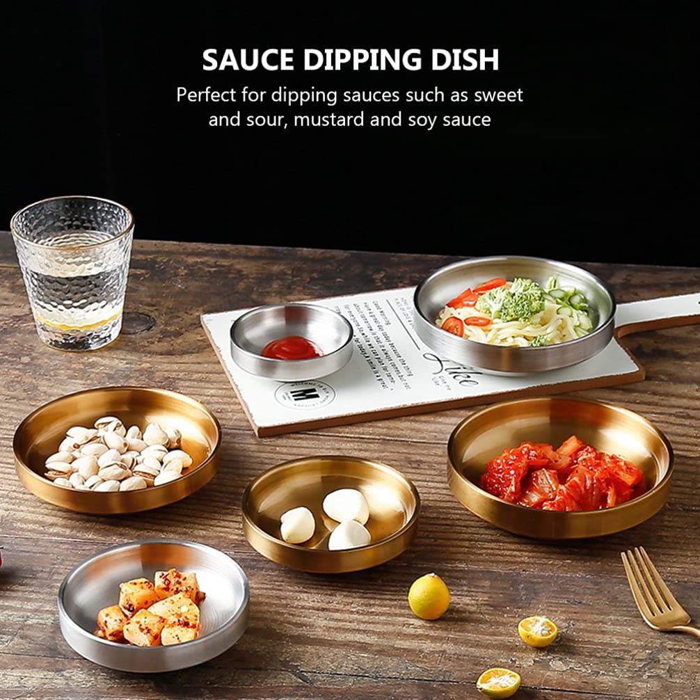 Hemoton 4-Piece Stainless Steel Double Layer Kimchi Bowls - Mixing Bowls for Appetizers, Dips, Sauces & Asian Spices - Perfect for Sushi, Korean Dishes & Food Tasting - Durable Metal Dipping Plates for Home & Restaurant Use