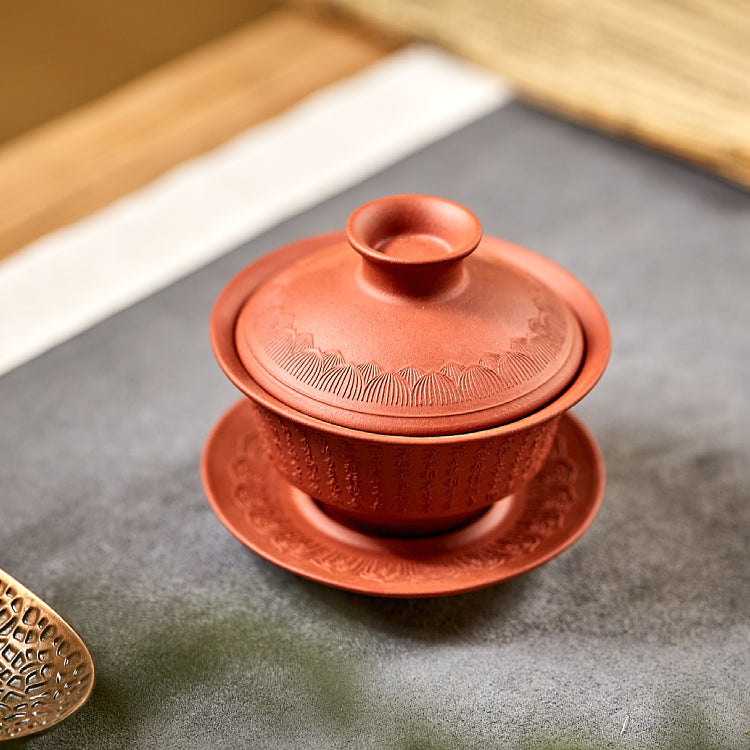 Yixing Purple Clay Heart Sutra Gaiwan - Chinese Ceramic Tea Set for Gongfu Brewing, Perfect for Meditation & Zen Tea Ceremony