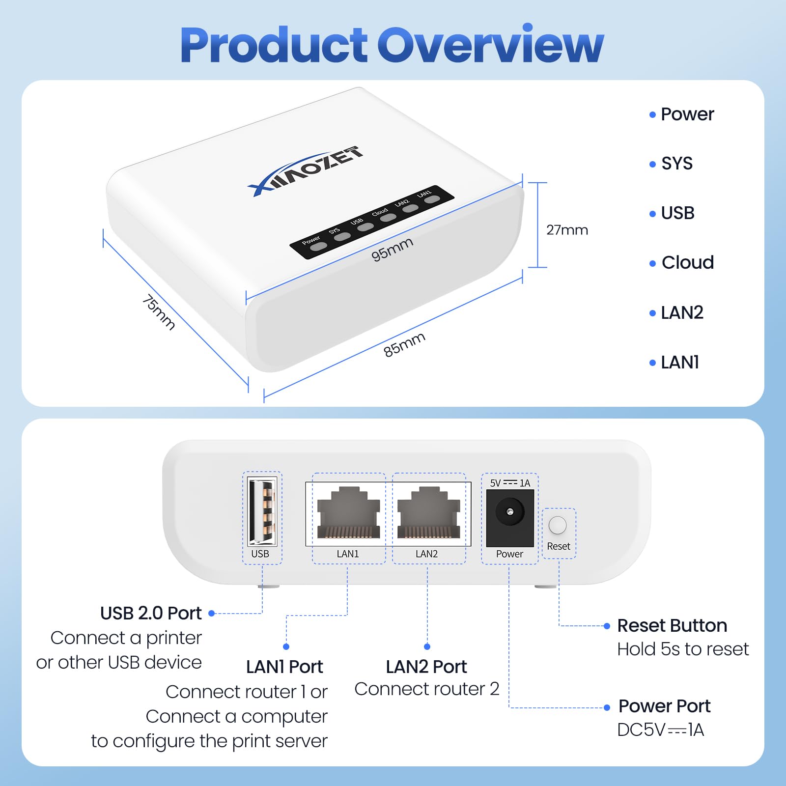 LK100EW Wireless USB & Print Server - Share USB Devices (Printer/Scanner) Over LAN via Ethernet/WiFi - Easy Setup for Home & Office Networking