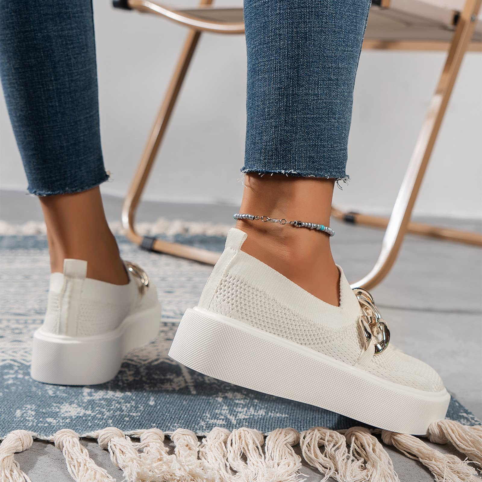 Women's Low Top Metal Chain Slip-On Sneakers - Round Toe Fashion Flat Walking Shoes with Platform for Casual Outings & Daily Wear
