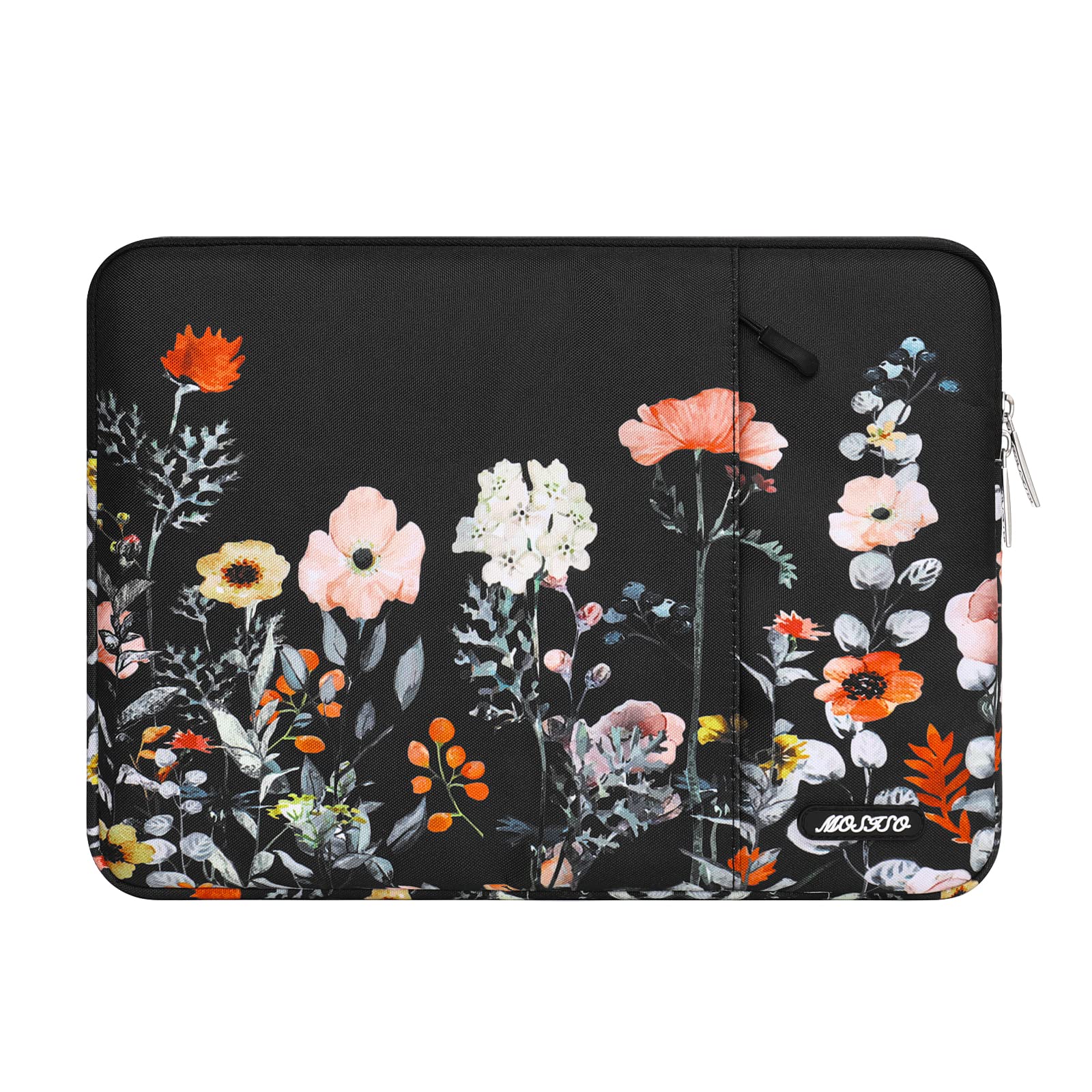 Premium MOSISO Laptop Sleeve for MacBook Air/Pro 13-13.3 inch & MacBook Pro 14 inch 2021-2023 (M1/M2 Models) - Stylish Garden Flowers Polyester Vertical Case with Protective Pocket (Black) - Perfect for Work, Travel & School Commute