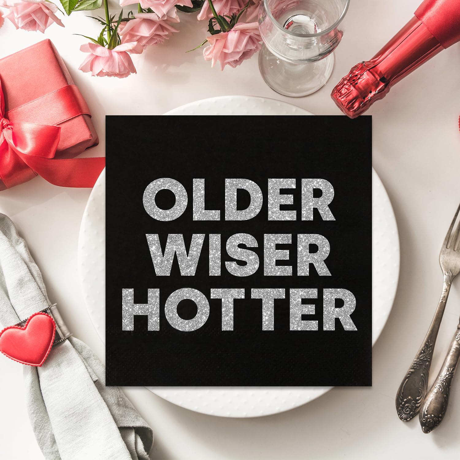 50 Pack Funny Older Wiser Hotter Birthday Napkins - 6.5x6.5 Inch Party Decorations for Women & Men - Perfect for Birthday Celebrations, Retirement Parties & Humorous Gatherings