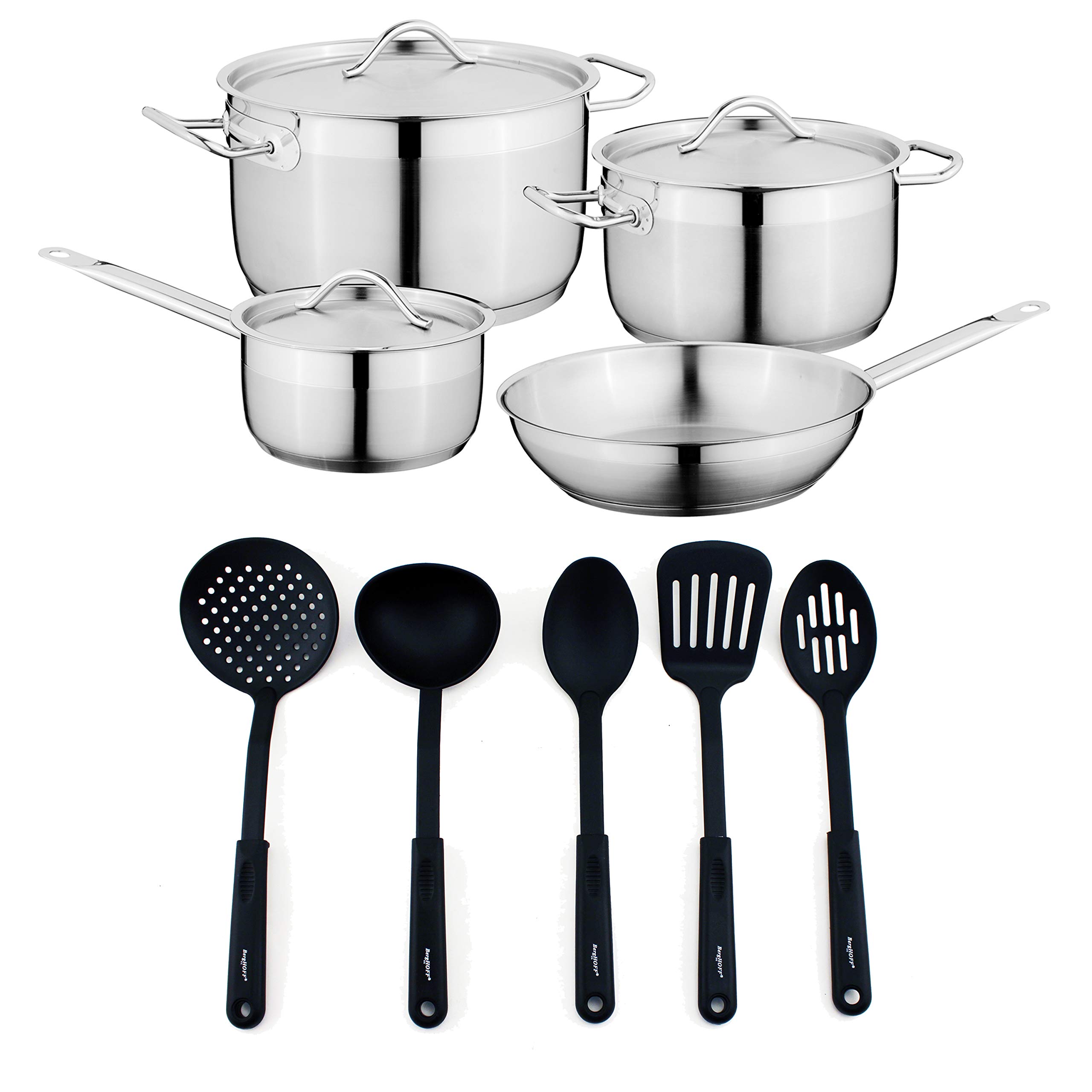 BergHOFF Essentials 18/10 Stainless Steel Cookware Set with Hanging Ring & Matching Lid - Induction Compatible, Marked Measurements, 3-Layer Base for Fast Heating - Perfect for Professional Kitchens & Home Cooking