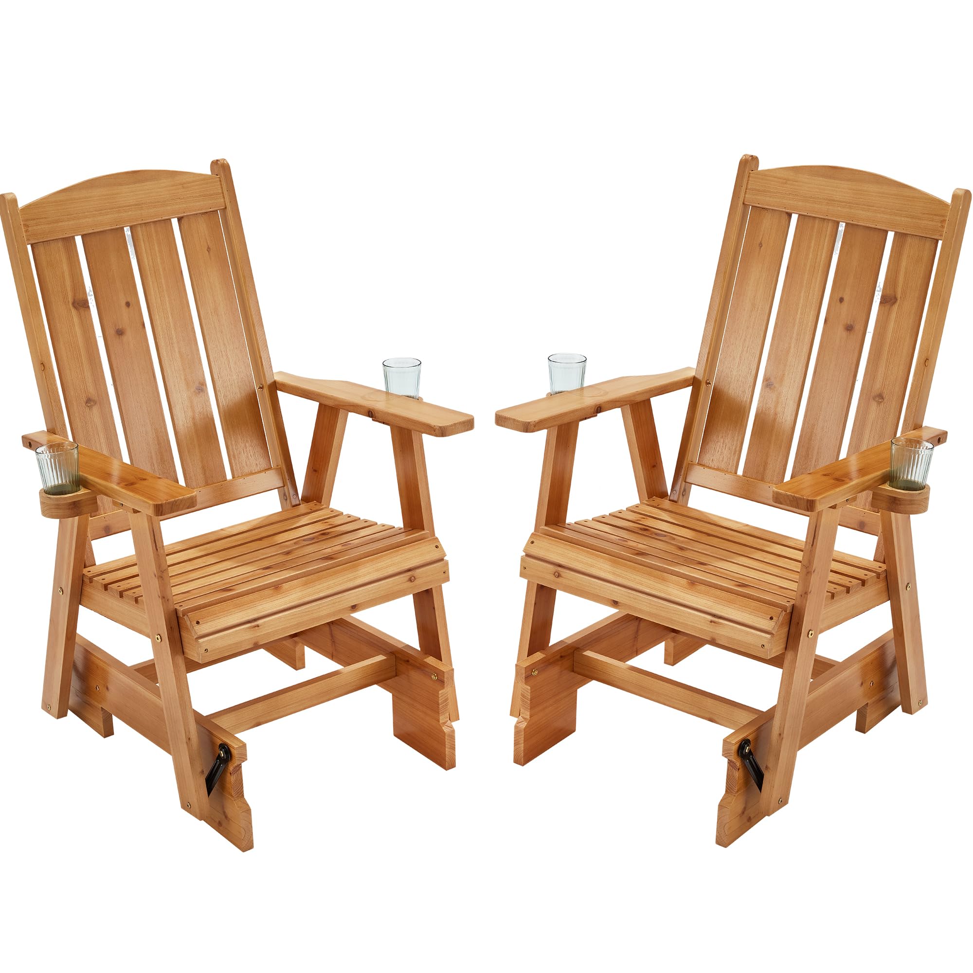 HOMREST 2-Piece Wooden Patio Glider Chair Set with Cup Holders - Heavy Duty 700LBS Capacity, Ergonomic Deep Contoured Seat & High Roll Back - Perfect for Outdoor Garden, Porch, Balcony & Backyard Relaxation