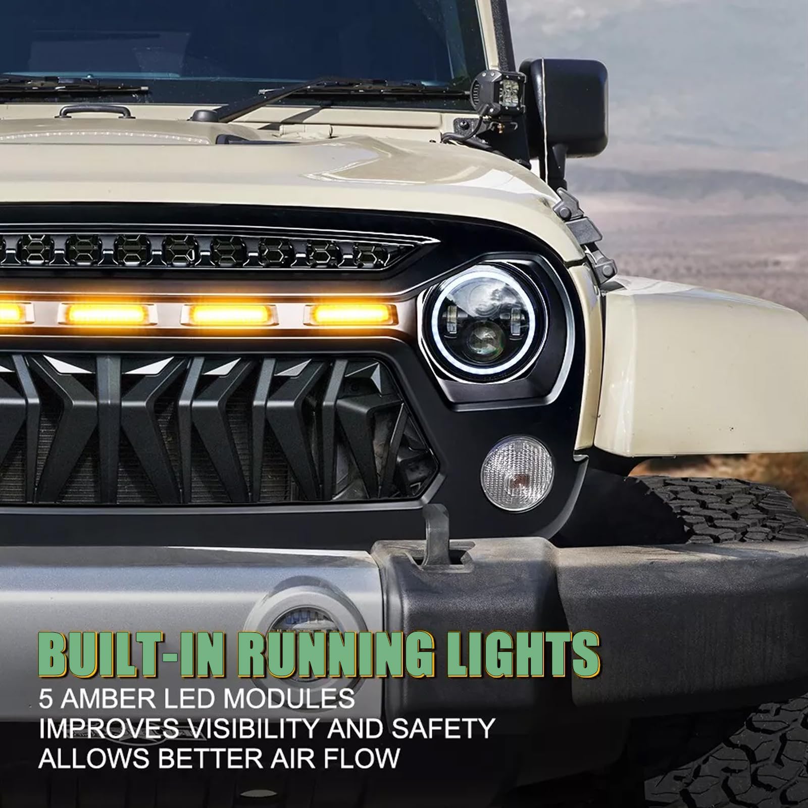 Shark Grille Mesh Front Grill for Jeep Wrangler JK & JKU (2007-2018) - Compatible with Unlimited, Rubicon, Sahara & Sport Models - Includes Amber LED Lights | Off-Road & Street Legal Upgrade