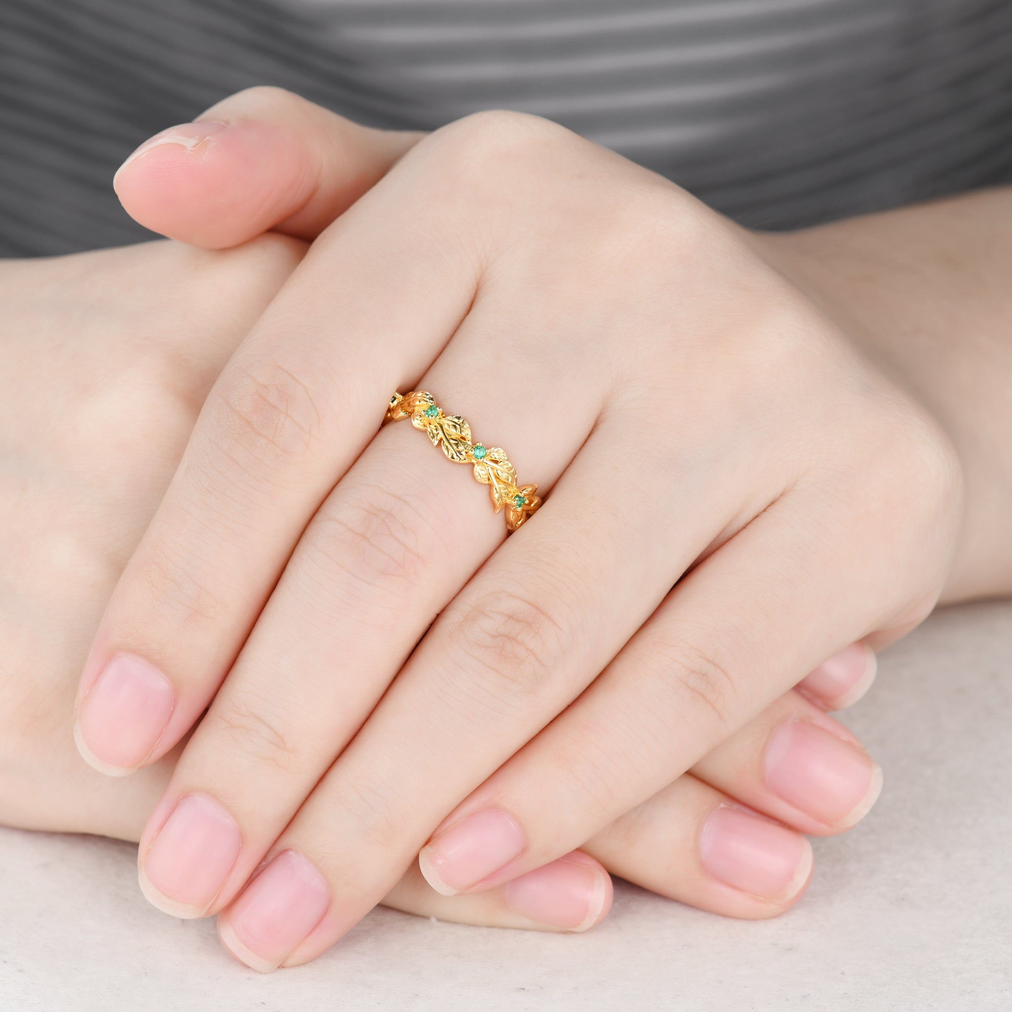 Natural Emerald Green Wedding Band - 14K Yellow Gold Floral Full Eternity Ring for Women | Elegant Bridal Jewelry, Anniversary Gift & Special Occasion Ring