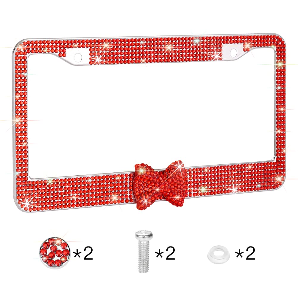 OTOSTAR Bling Rhinestone License Plate Frame with Ribbon Bow - Premium Stainless Steel 2 Hole Holder with Anti-Theft Screws (Red/Red Bowtie) - Perfect for Car Decoration & Gift Giving