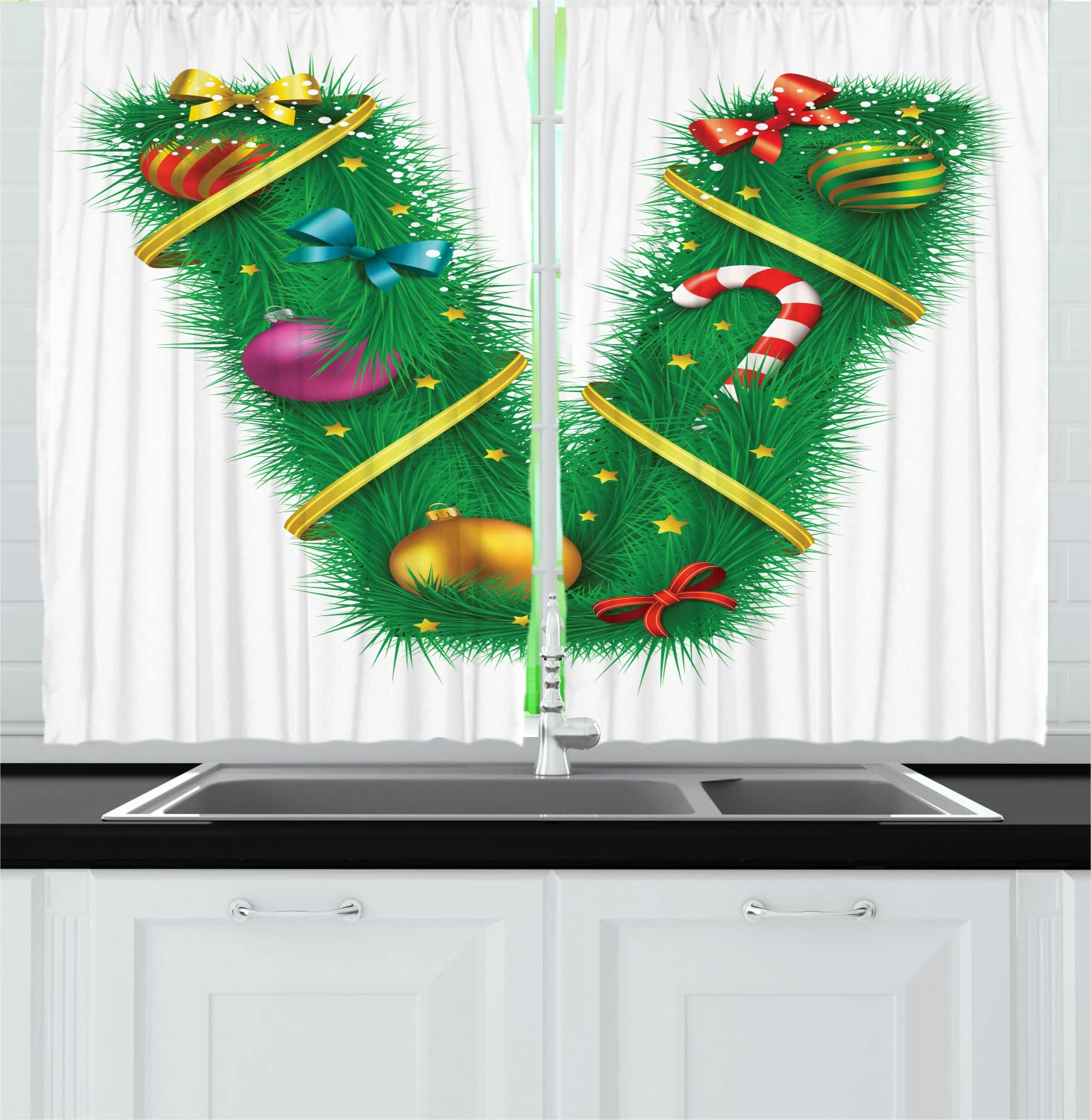 Ambesonne Christmas Alphabet Long Kitchen Curtains - Letter V with Stars & Candy Cane Design, White & Green Holiday Drapes, 55