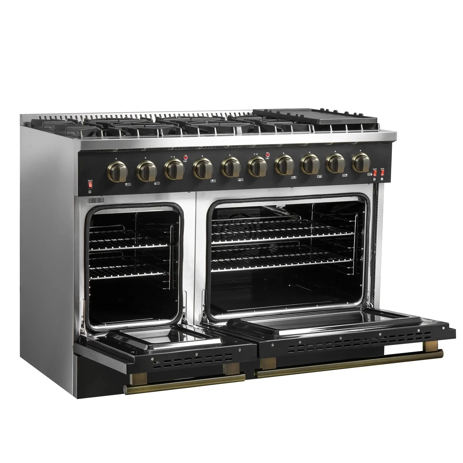 Forno Galiano 48-Inch French Door Freestanding All Gas Range - Black with Antique Brass Trim (Model FFSGS6444 48BLK) | Professional Kitchen Appliance for Home Chefs & Gourmet Cooking