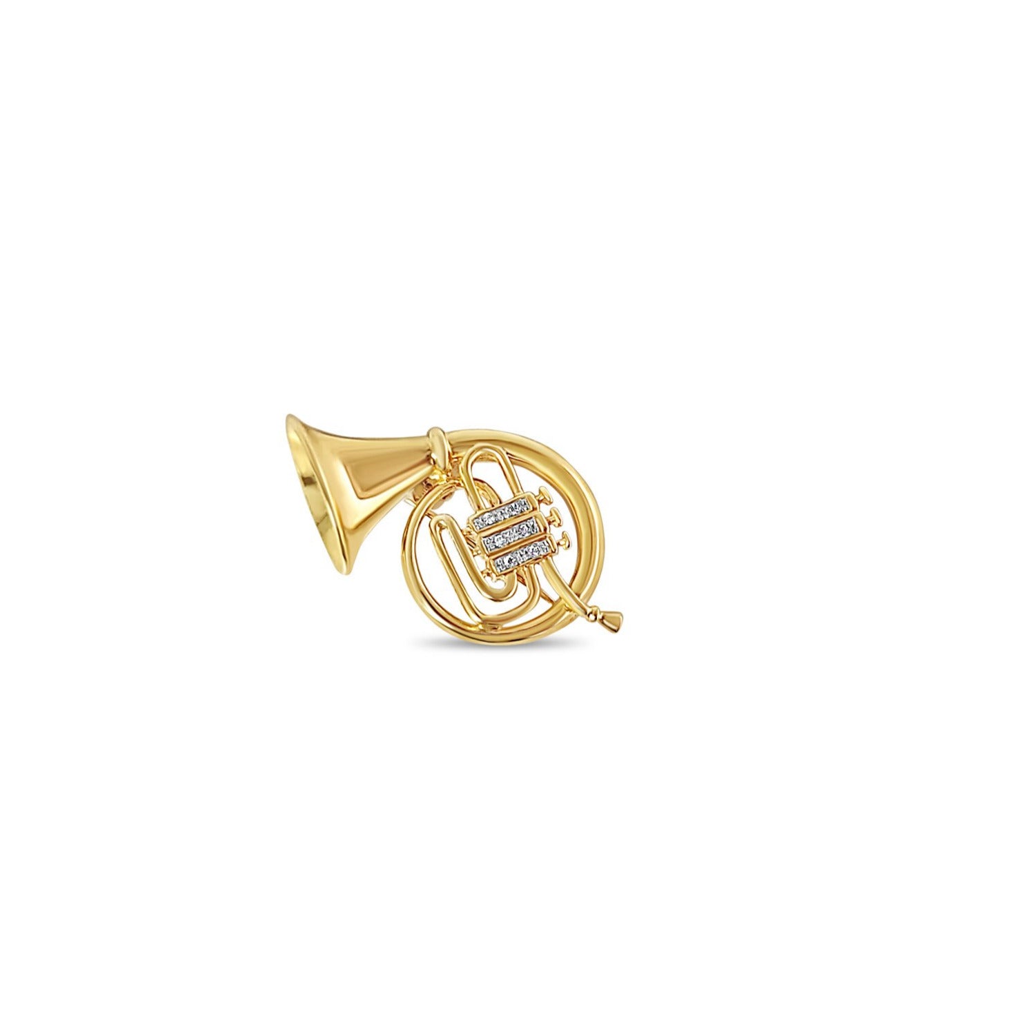 14K Yellow Gold Diamond French Horn Brooch .10cttw - Elegant Jewelry Gift for Musicians, Band Members & Music Lovers - Perfect for Concerts, Performances & Special Occasions