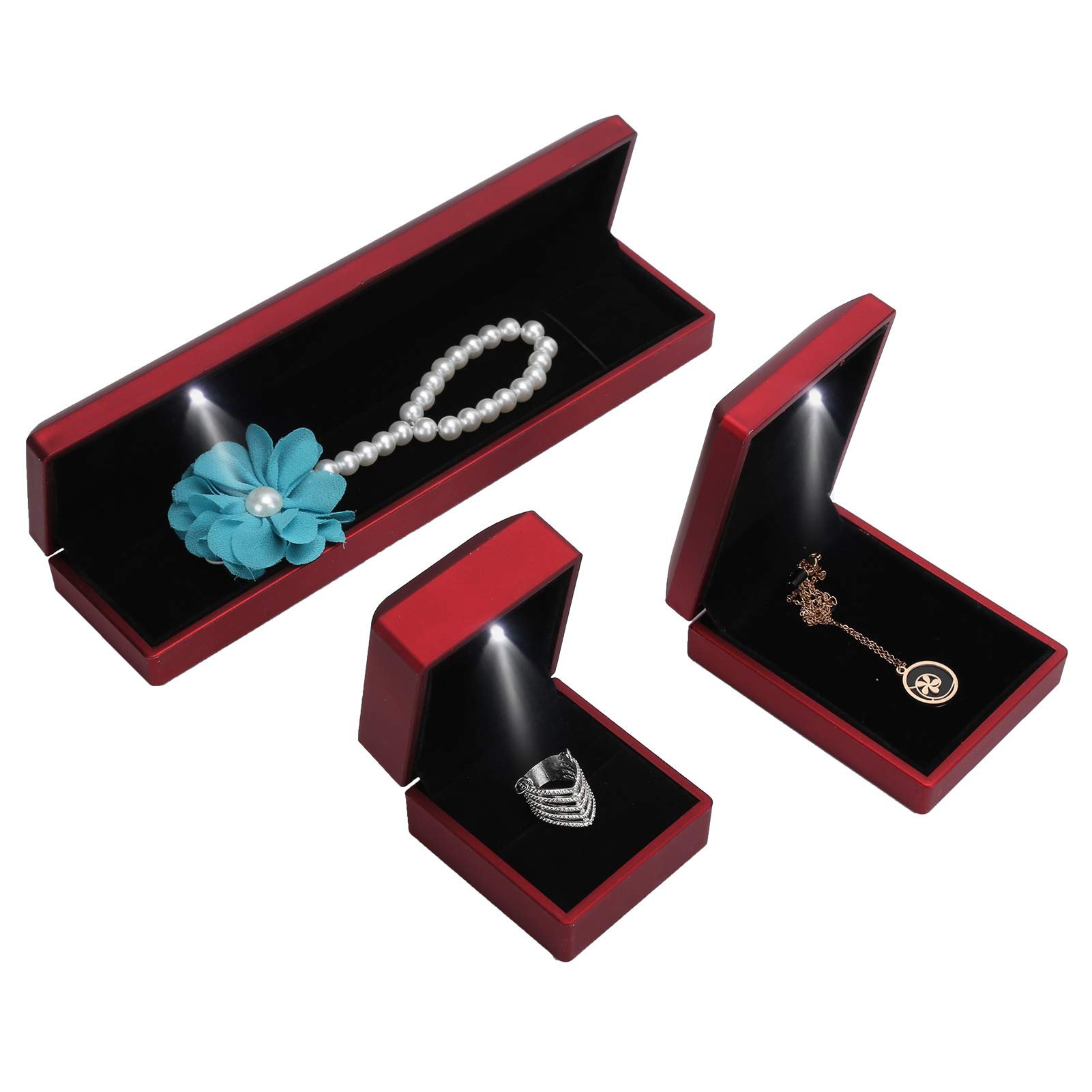 DAUERHAFT LED Jewelry Gift Box - Velvet Red Jewelry Storage Case with Mirror for Necklaces, Rings & Earrings - Perfect Anniversary, Birthday Gift for Wife, Girlfriend & Spouse - Great for Jewelry Organization & Display