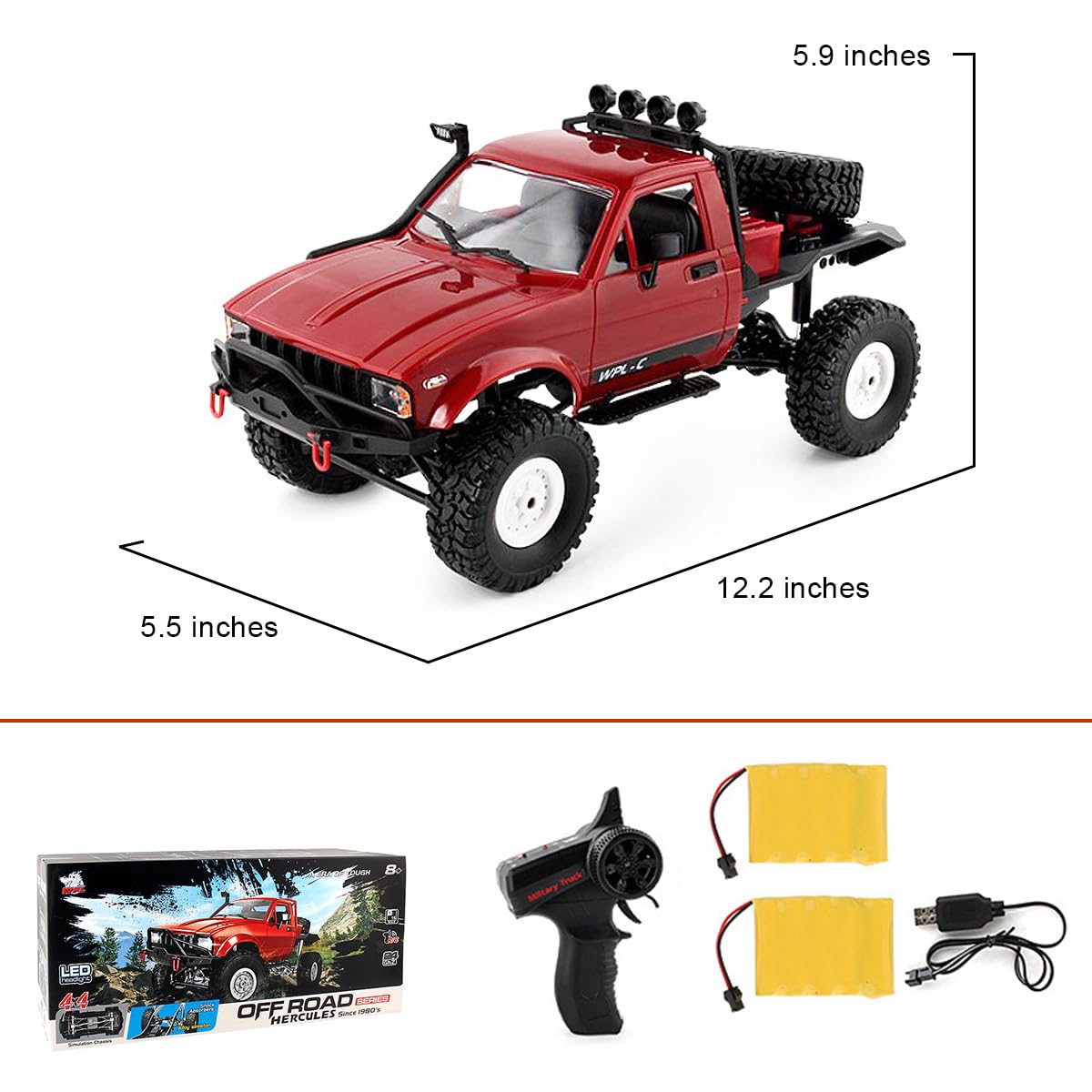 1/16 Scale RC Rock Crawler - WPL C14 4x4 Off-Road Remote Control Truck with LED Lights & 2 Batteries | All Terrain RTR RC Car for Adults & Kids | Outdoor Adventure, Backyard Crawling, Trail Exploration