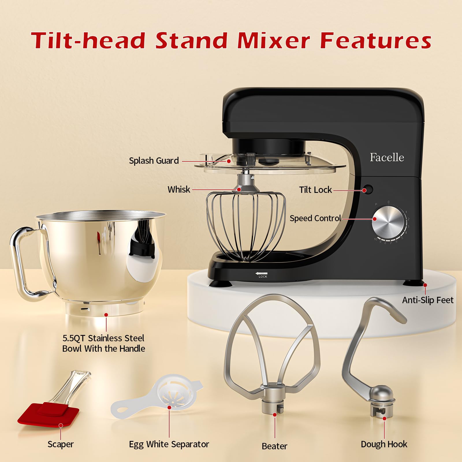 Facelle 5.5Qt Stand Mixer - 10+ Speed Tilt-Head Electric Kitchen Mixer with Stainless Steel Bowl, Dough Hook, Whisk & Beater - Perfect for Baking Cakes, Cookies, Bread & More | Ideal for Home Bakers & Professional Kitchens