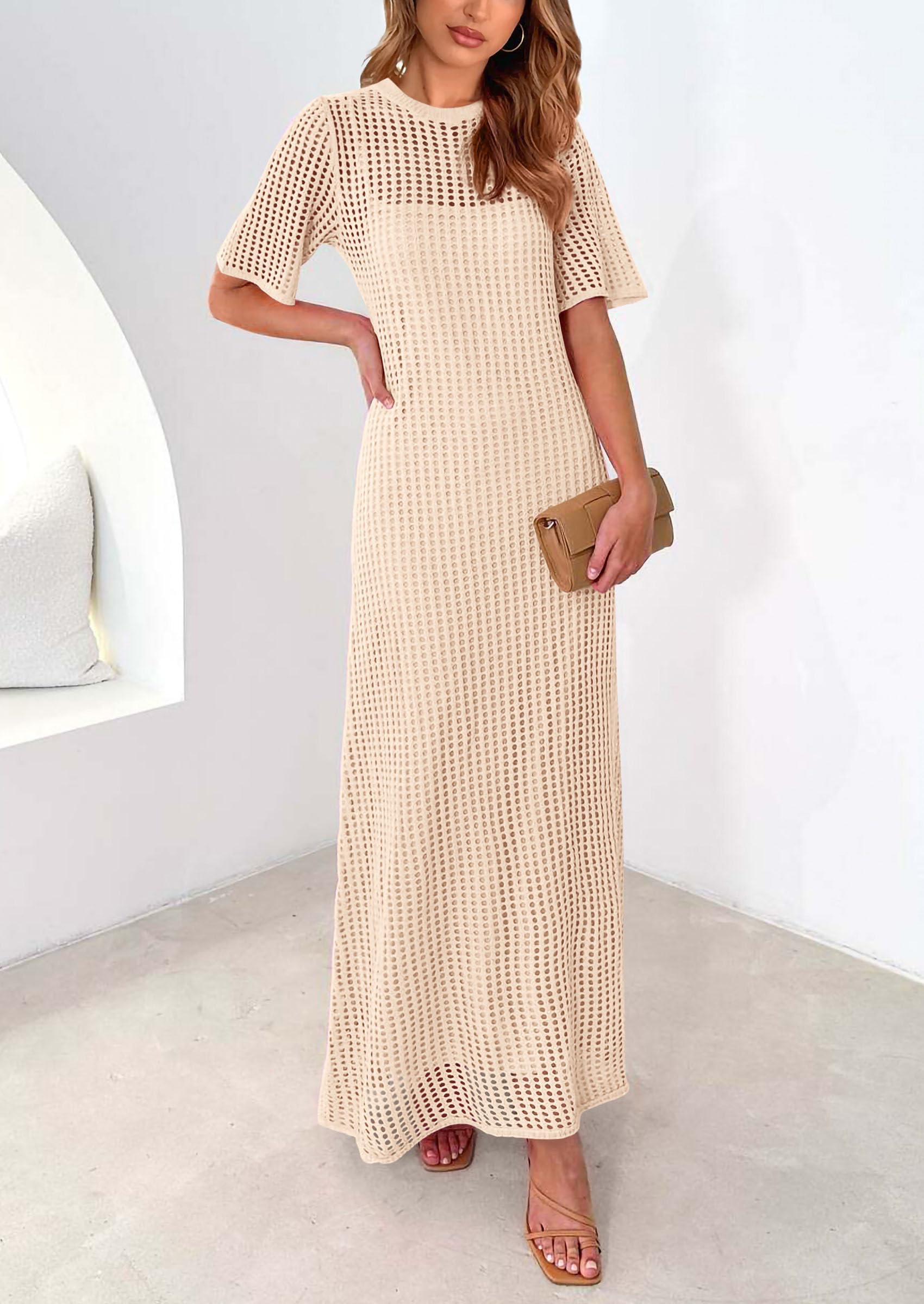 PRETTYGARDEN Women's Floral Eyelet Cover Up Dress - 2025 Summer Beach Maxi Dress with Short Sleeves & Hollow Out Design - Perfect for Vacation, Resort Wear, and Poolside Lounging