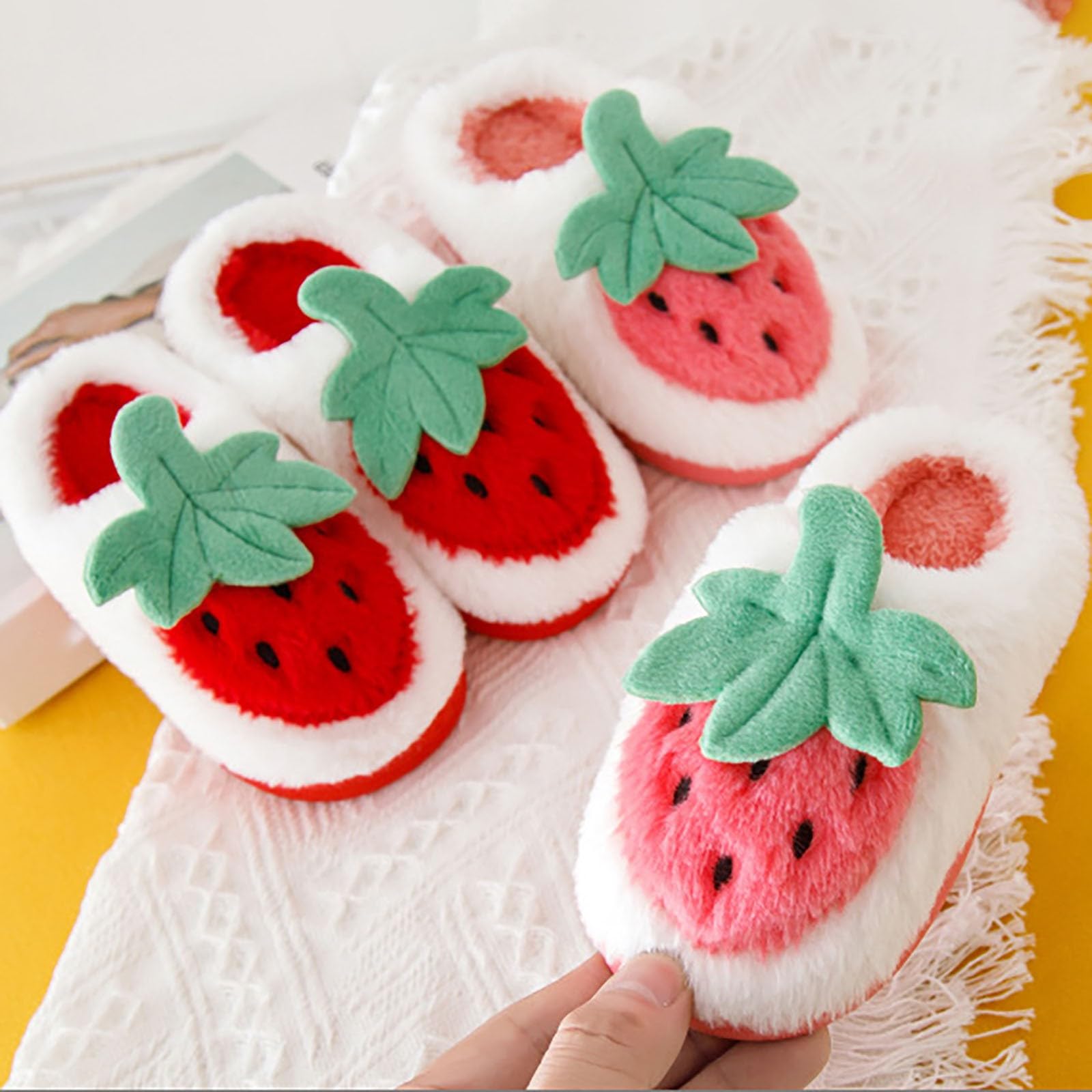 Toddler Girls Winter House Slippers - Cute Strawberry Cartoon Print Flocked Soft Shoes for Warm Indoor Wear | Cozy Home Slippers for Kids' Playtime & Relaxation