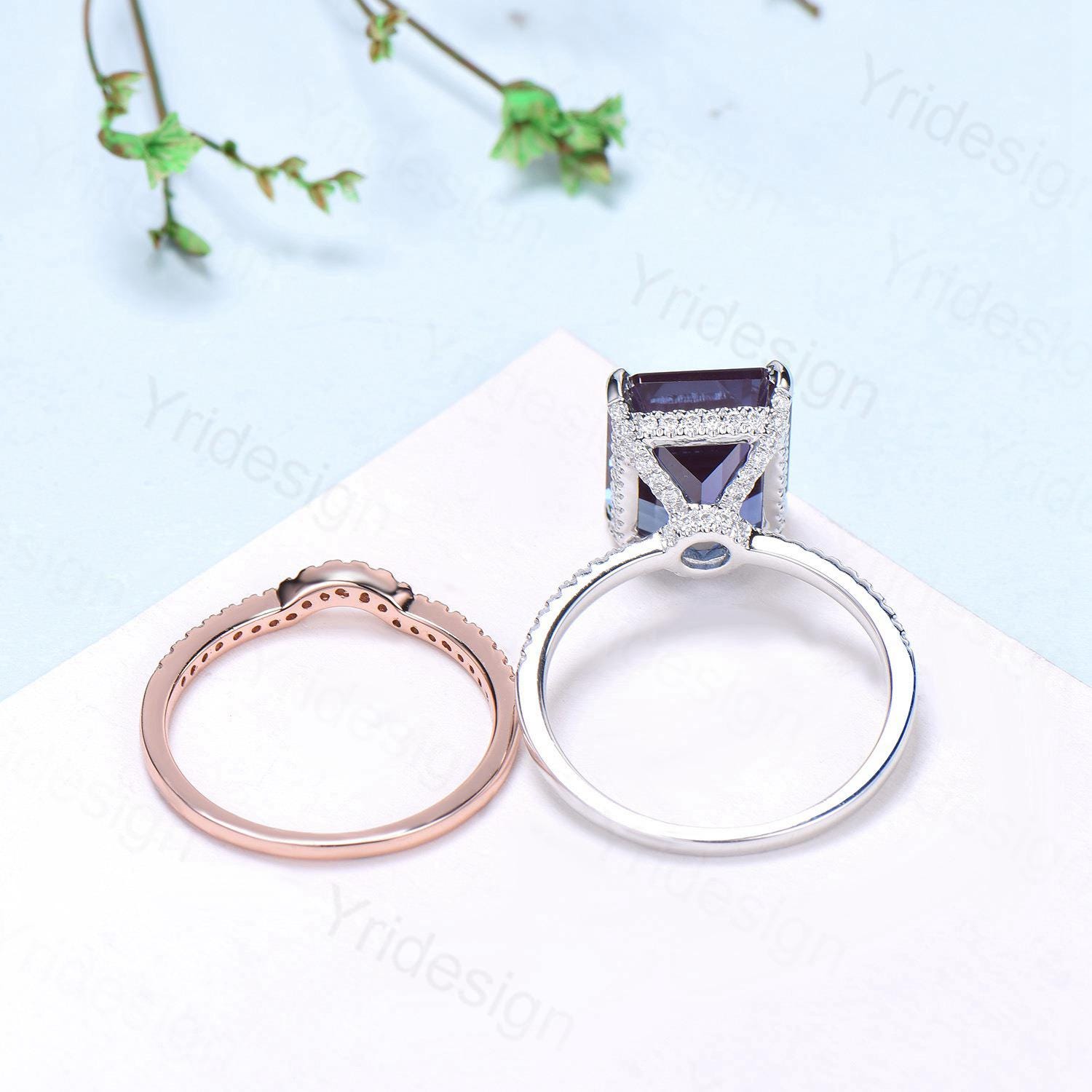 Vintage 14K Rose Gold Hidden Halo Emerald Cut Alexandrite Engagement Ring with 6CT Diamond - Perfect Wedding Band & Anniversary Gift for Her | Elegant Jewelry for Proposals, Bridal Sets & Special Occasions