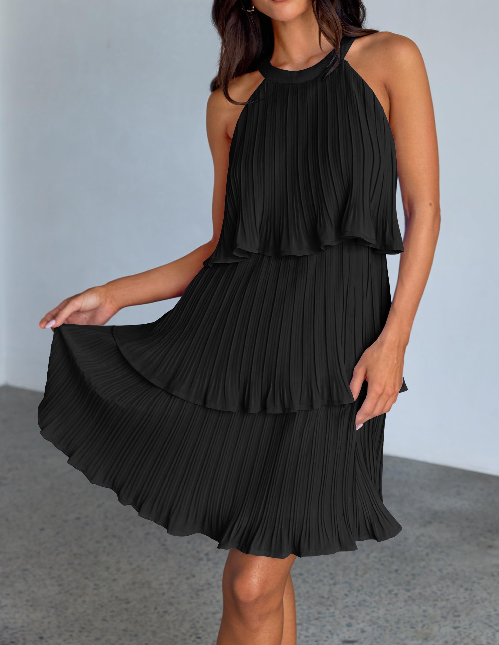 ZESICA Women's Summer Halter Dress 2025 - Sleeveless Ruffle Tiered Chiffon Pleated A-Line Mini Swing Dress for Beach, Party & Vacation | Casual & Formal Occasions