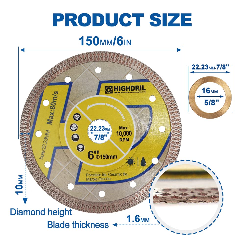 HIGHDRIL 6 Inch Diamond Saw Blade - 2 Pack Turbo X Mesh Diamond Tile Cutting Disc for Porcelain, Ceramic, Granite, Marble - Dry or Wet Use Circular Saw Blade - Perfect for Home Renovation, Tile Installation & DIY Projects