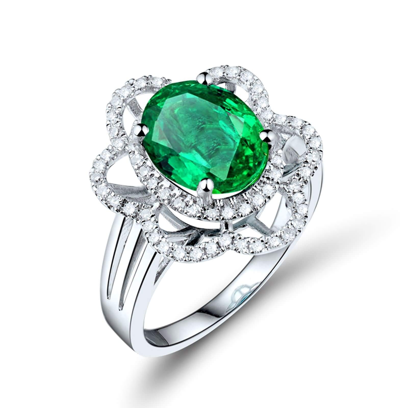 18K White Gold Engagement Rings for Women - 1.56ct Emerald Oval & Flower Shape with 0.35ct Diamond - Valentine's Day, Anniversary & Holiday Gift - Perfect for Proposals, Weddings & Special Occasions