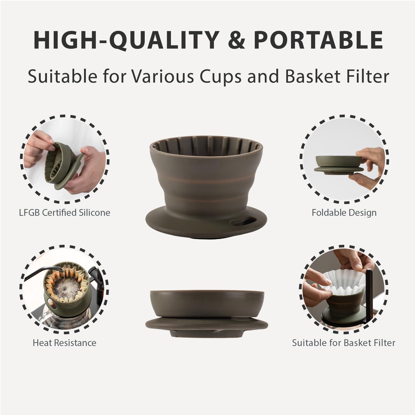 Portable Collapsible Silicone Pour Over Coffee Maker Set - Reusable Single Cup Dripper with 10 Paper Filters (1-2 Cup, Green) - Perfect for Camping, Travel & Home Brewing